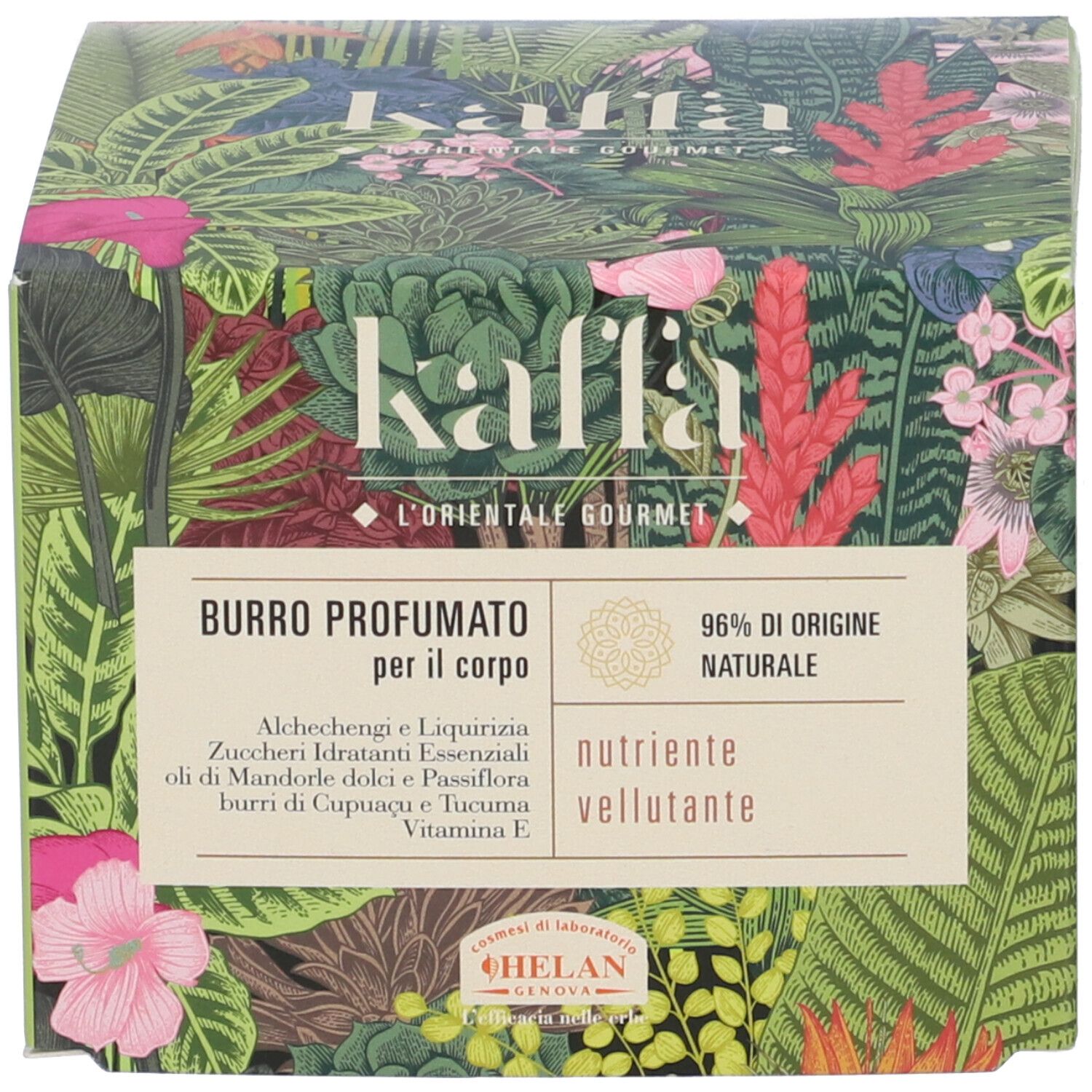 Confezione. Scritta: Kaffa, Burro Profumato per il corpo. 96% ingredienti naturali.