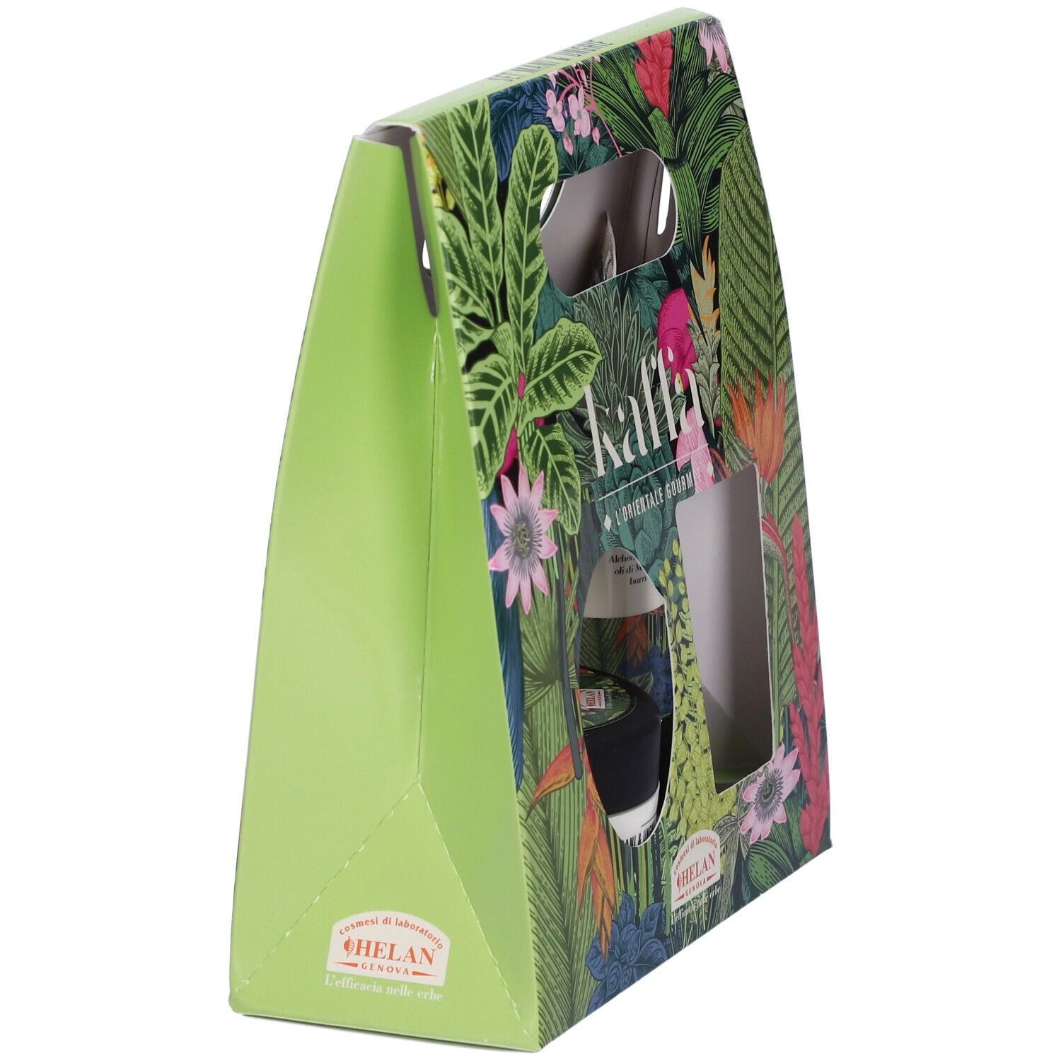 Scatola regalo verde con motivi floreali. Finestra. Marchio: Kaffa, Helan.