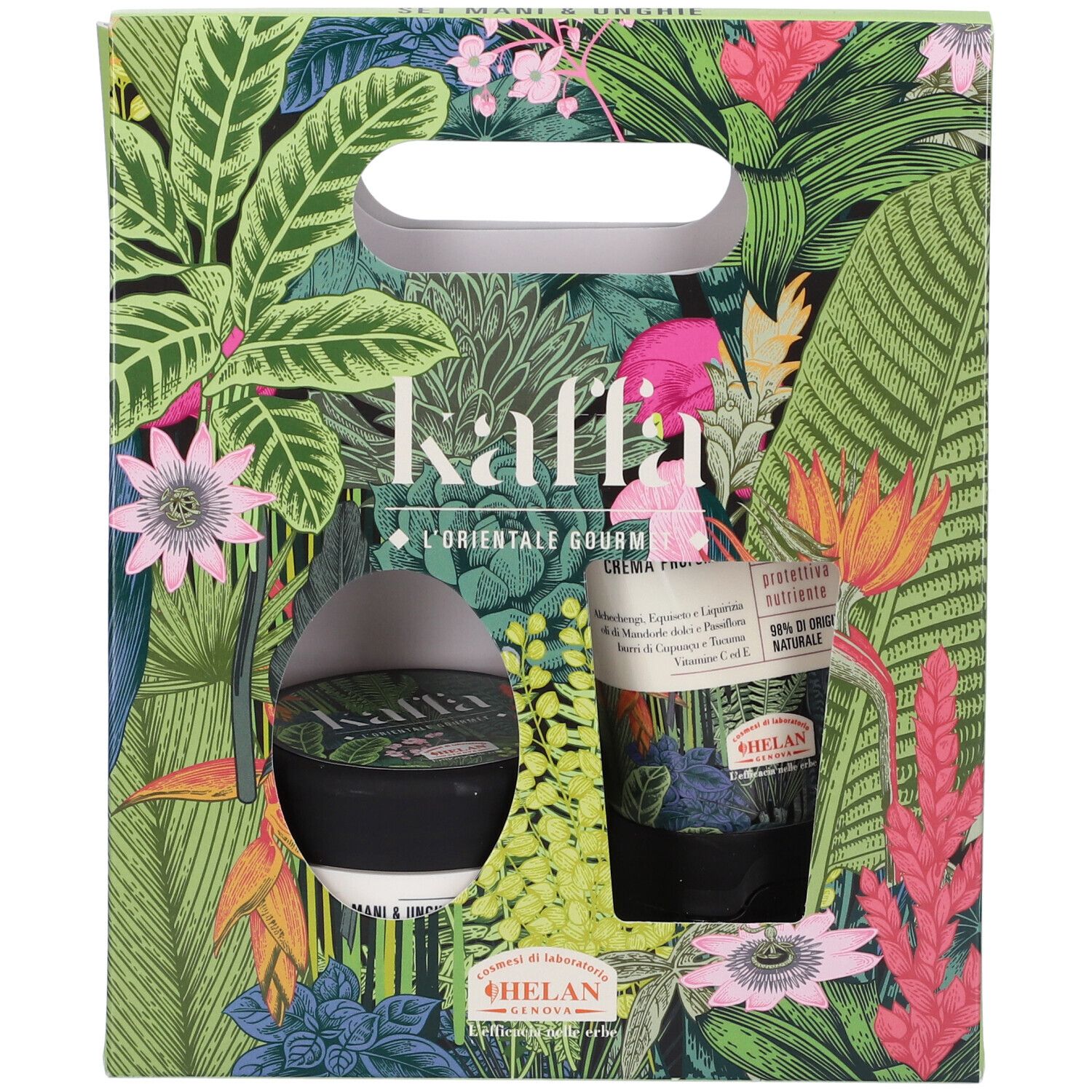 Confezione regalo con design floreale. Contiene crema e vasetto. Testo: Kaffa, L'Orientale Gourmet, Helan.