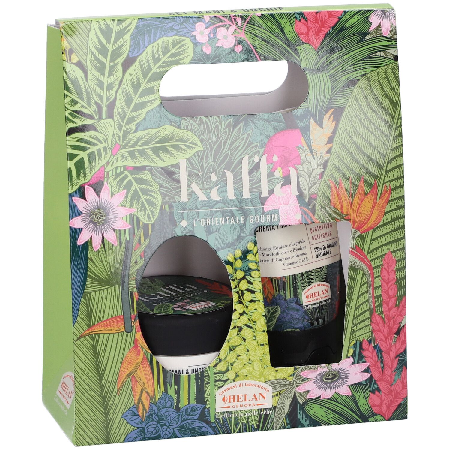 Confezione regalo con design floreale. Contiene crema e vasetto. Marchio: Kaffa, Helan.