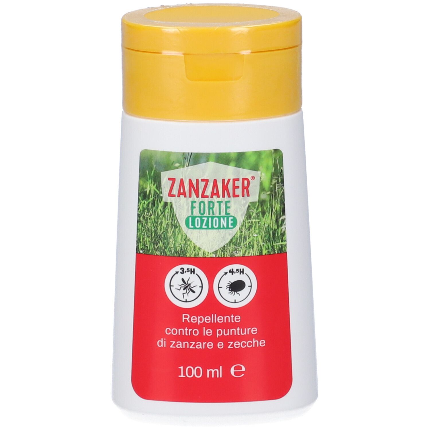 Flacone bianco con tappo giallo. Etichetta rossa con testo e simboli. Logo verde e bianco. Testo: Repellente contro le punture di zanzare e zecche.