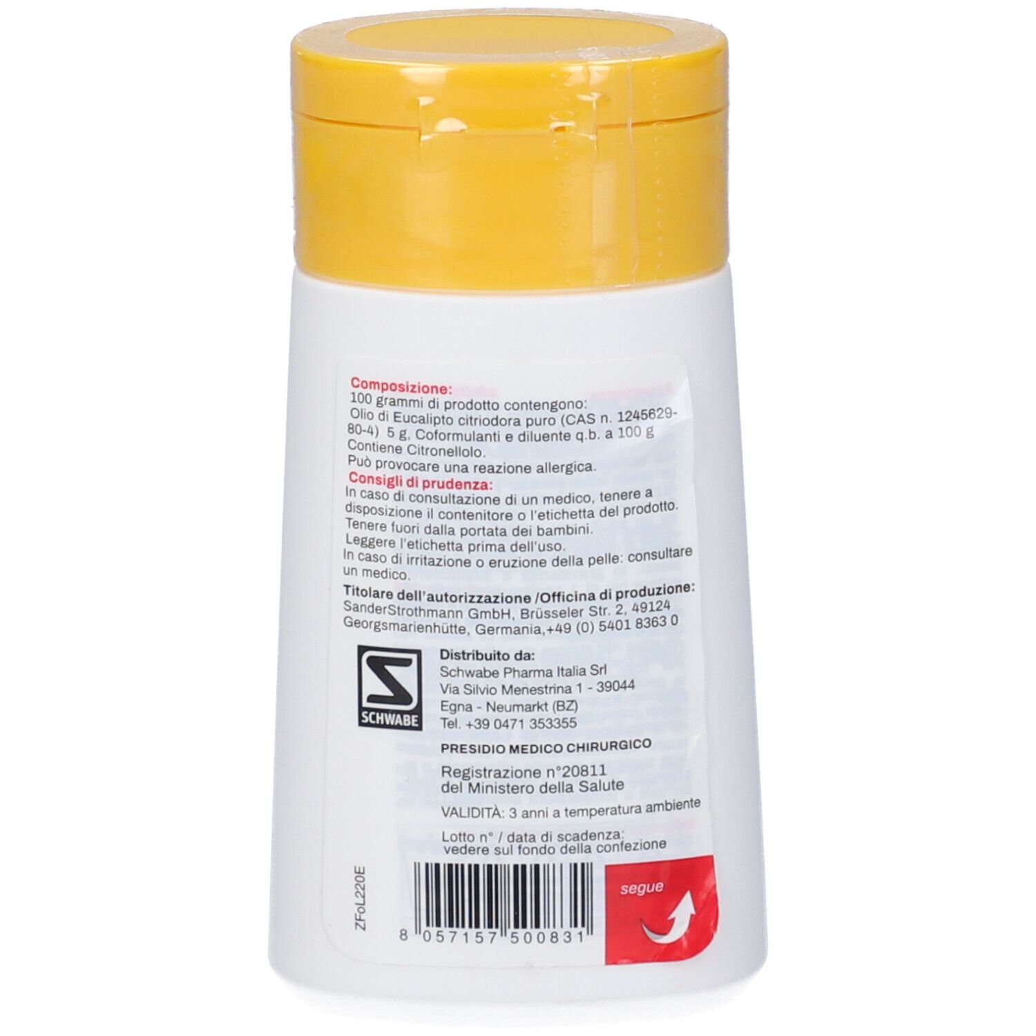 Retro di un flacone bianco con tappo giallo. Testo su sfondo bianco. Logo e testo: Presidio Medico Chirurgico.