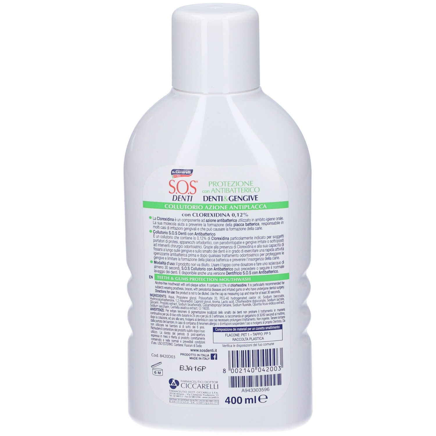Retro di un flacone bianco. Testo in italiano, tra cui "SOS Denti" e "Collutorio Azione Antiplacca". Contenuto 400 ml.
