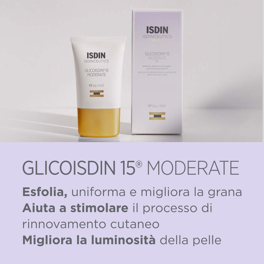 Gel ISDIN Glicoisdin 15 Moderate e confezione. Testo: Glicoisdin 15 Moderate, Esfolia, uniforma e migliora. 50g.