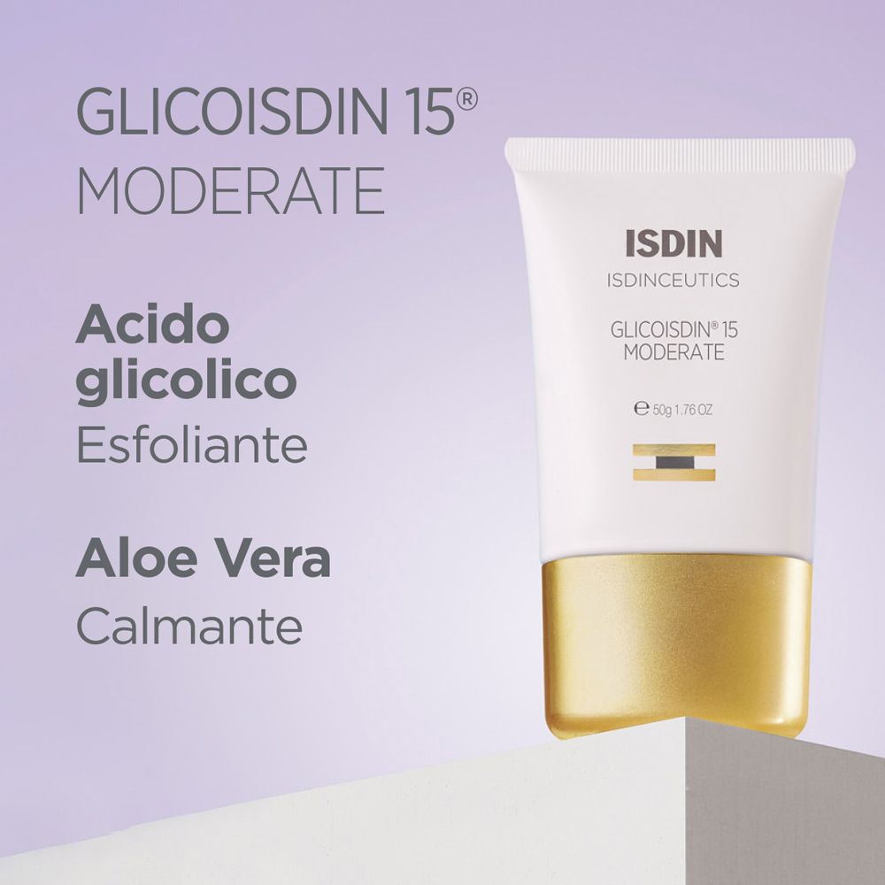 Gel ISDIN Glicoisdin 15 Moderate. Testo: Acido glicolico, esfoliante, Aloe Vera, calmante. Tubo base dorata.