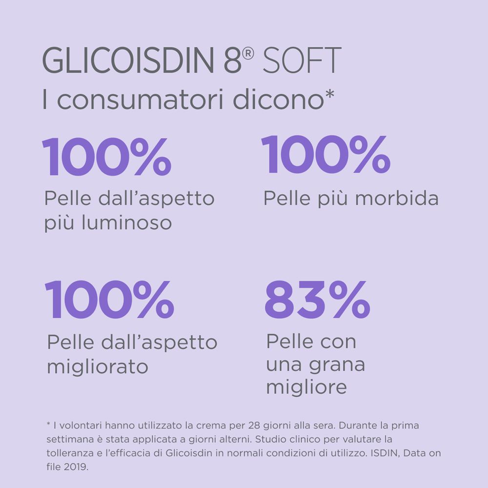 Percentuali su sfondo viola. Risultati di studi sui consumatori. Aspetto della pelle, luminosità, miglioramento.