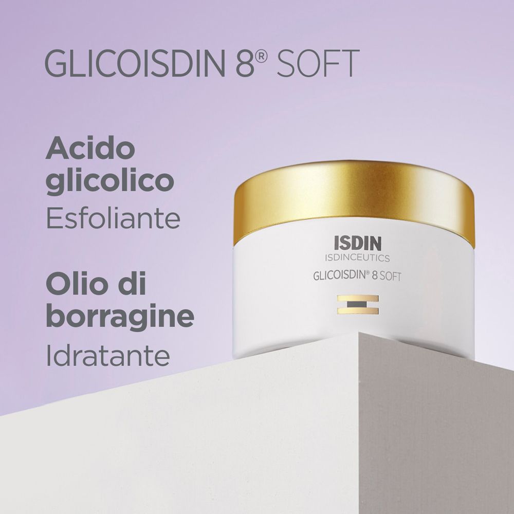 Prodotto e ingredienti su piedistallo bianco. Acido glicolico, olio di borragine. Nome del prodotto e logo.