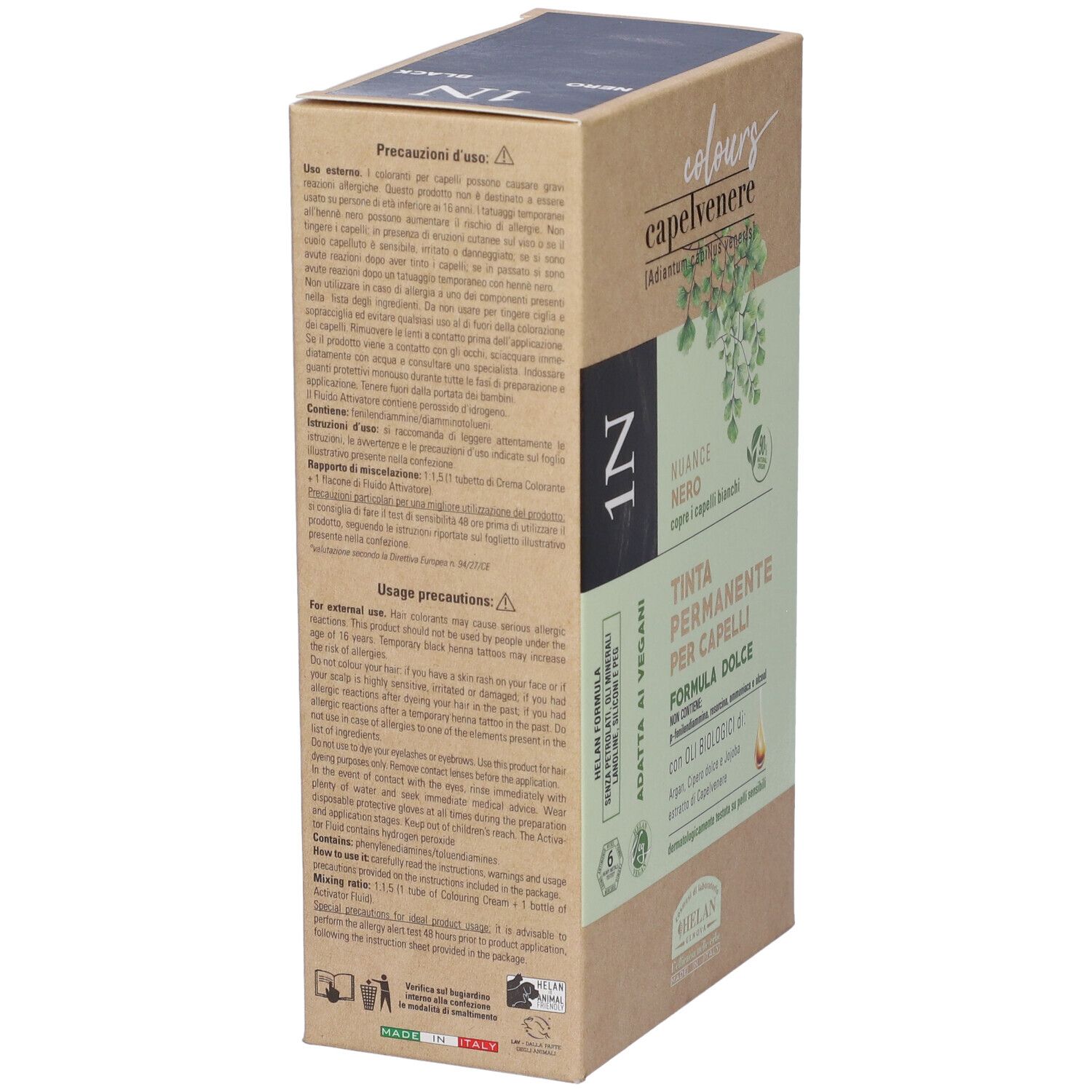 Lato della confezione Helan CAPELVENERE COLOURS 1N Nero. Testo: 1N, Nuance Nero, Tinta Permanente Per Capelli, Adatta ai vegani. Precauzioni.
