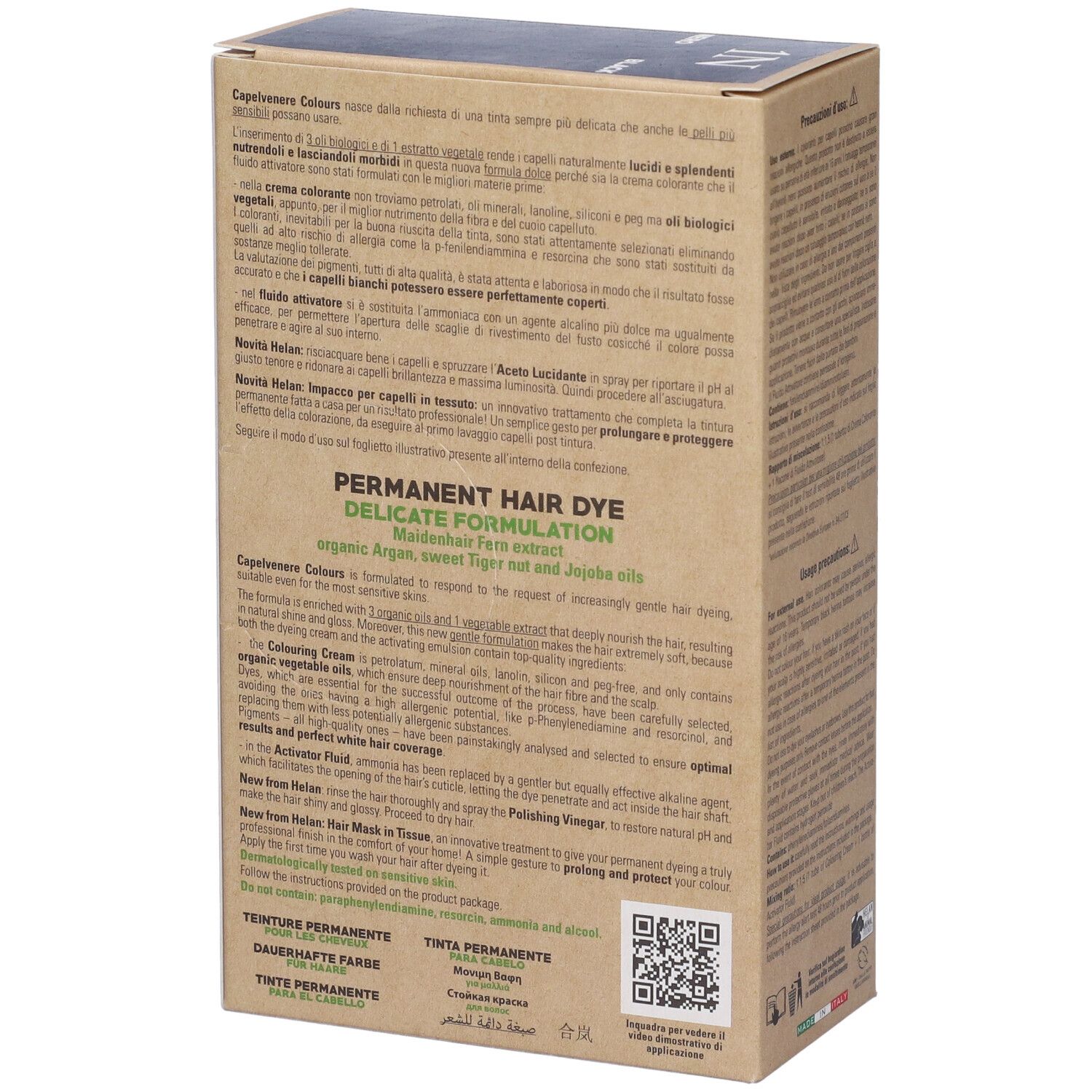 Retro della confezione Helan CAPELVENERE COLOURS 1N Nero. Testo: Tinta permanente per capelli, Formulazione delicata, Argan, Mandorla dolce e Jojoba.