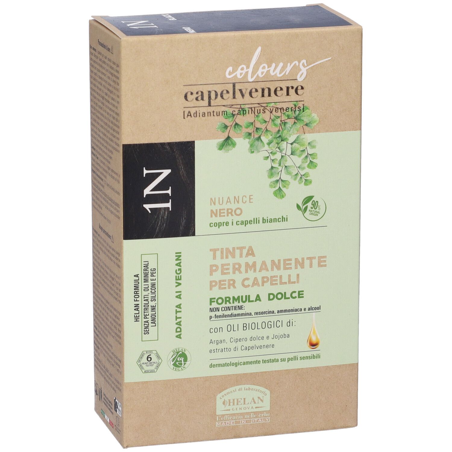 Confezione Helan CAPELVENERE COLOURS 1N Nero. Scritte: 1N, Nuance Nero, Tinta Permanente Per Capelli, Adatta ai vegani. Logo Helan.