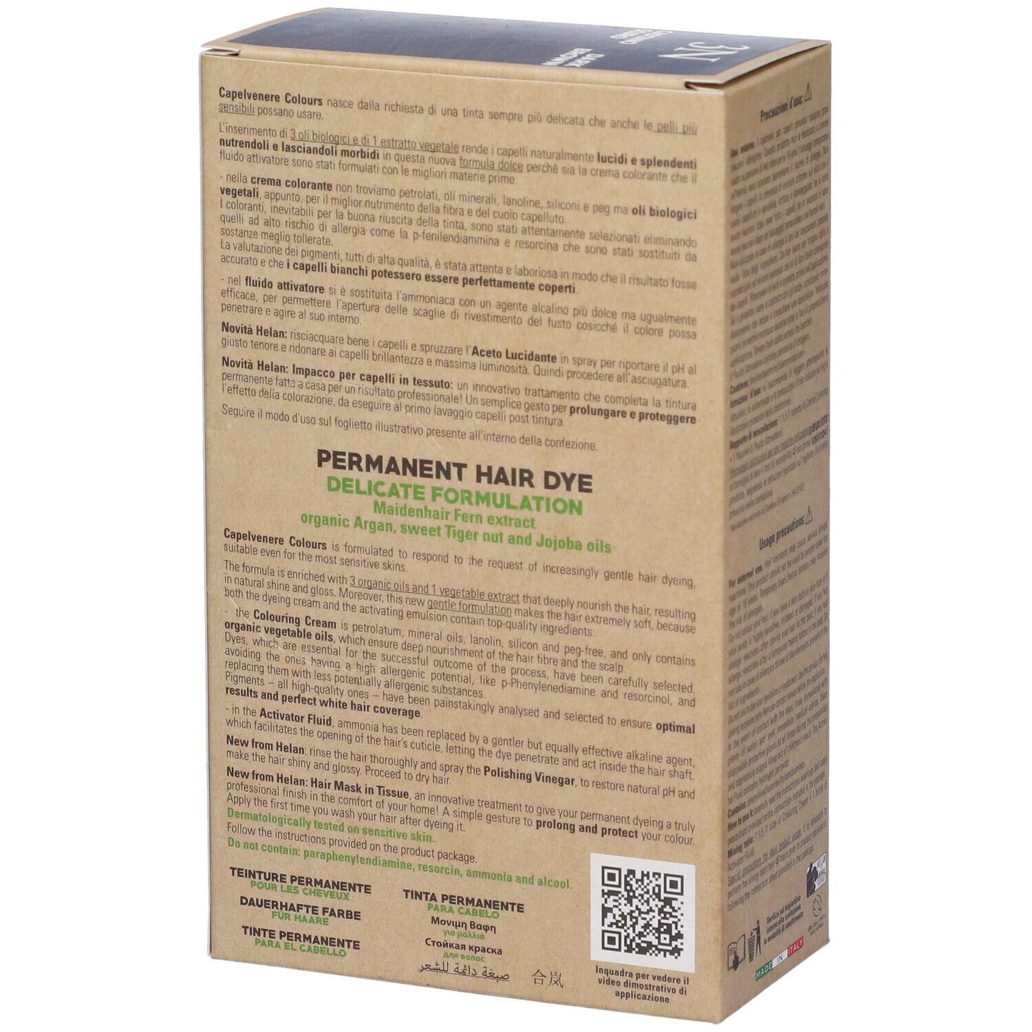 Retro della confezione Helan CAPELVENERE COLOURS 3N. Testo: Tinta Permanente Per Capelli, Delicate Formulation. Con informazioni sugli ingredienti.