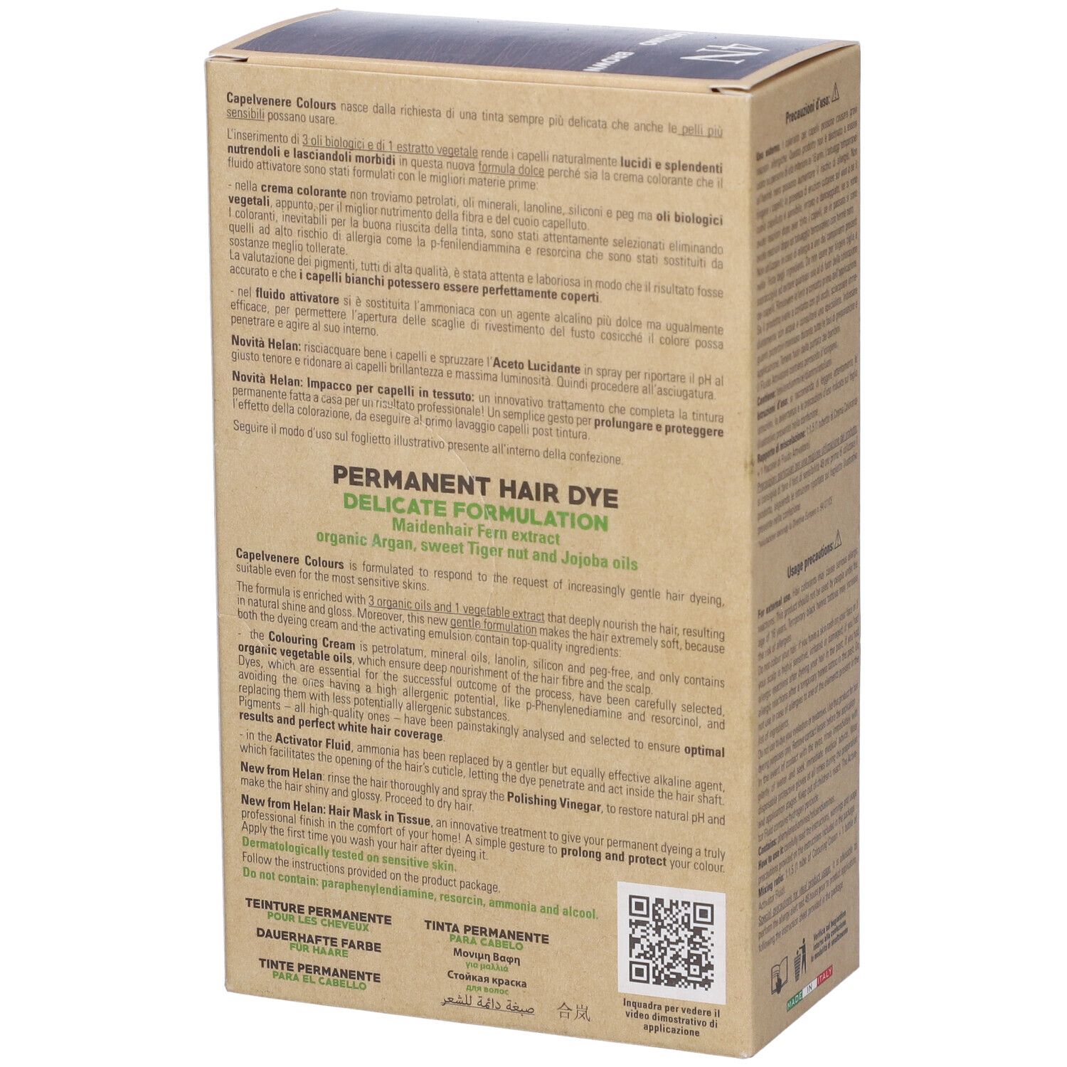 Retro della confezione di tinta per capelli. Testo in più lingue. Con codice QR.