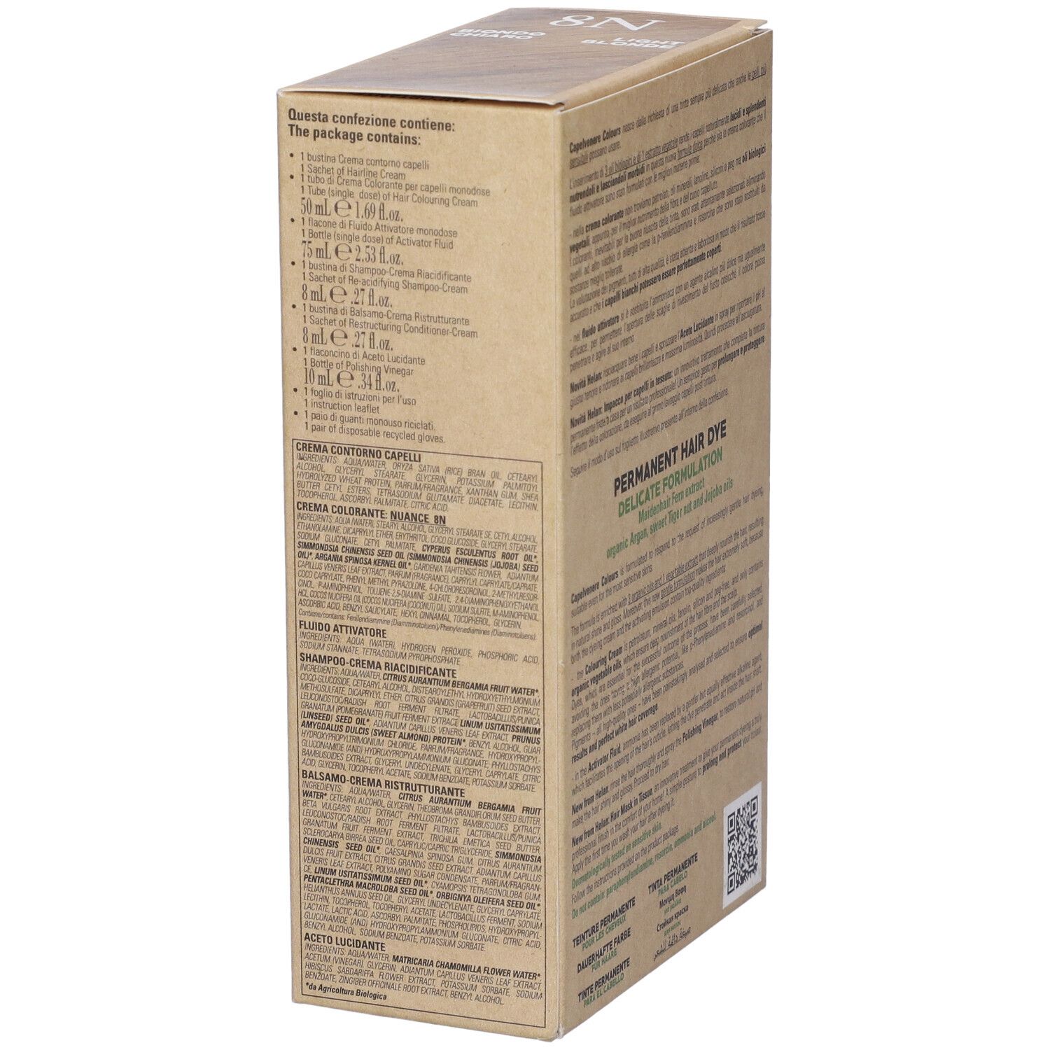 Capelvenere Colours Tinta Capelli 8N Biondo Chiaro. Confezione in cartone, retro, dettaglio. Testo: ingredienti, contenuto, codice QR.