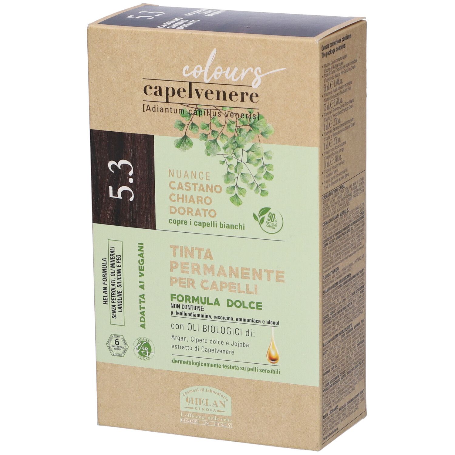 Confezione tinta CAPELVENERE COLOURS 5.3. Tonalità: Castano Chiaro Dorato. Con oli biologici. Vegano.