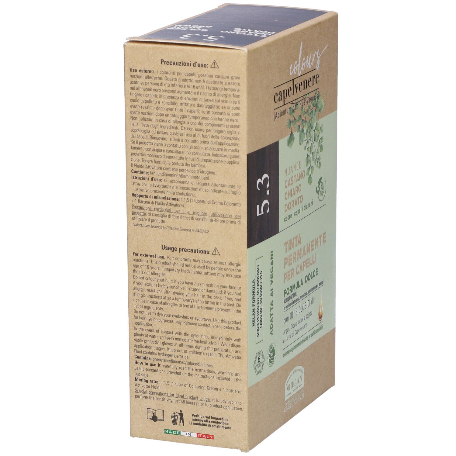 Confezione tinta CAPELVENERE COLOURS 5.3. Tonalità: Castano Chiaro Dorato. Con oli biologici. Vegano.