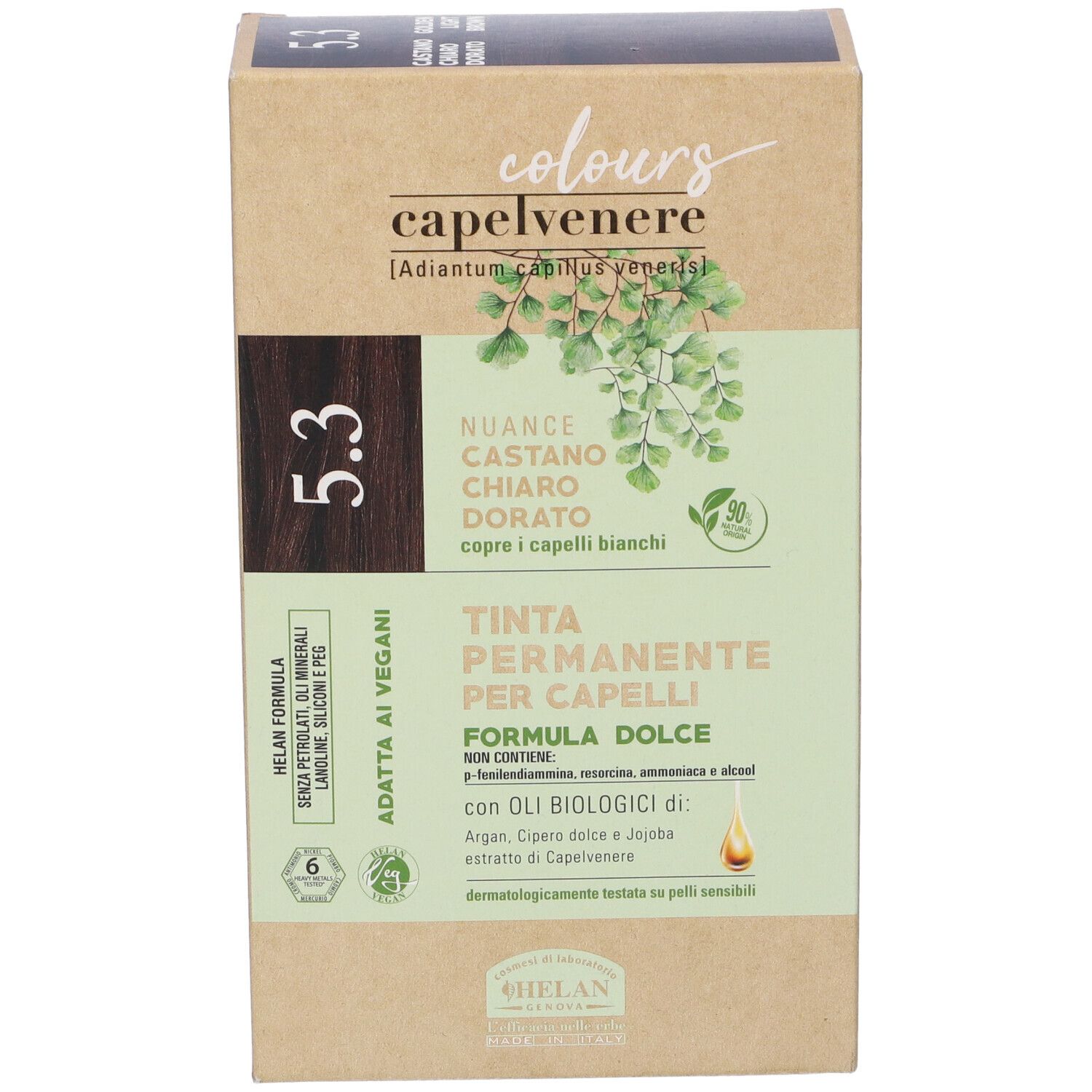 Confezione tinta CAPELVENERE COLOURS 5.3. Tonalità: Castano Chiaro Dorato. Con oli biologici. Vegano.