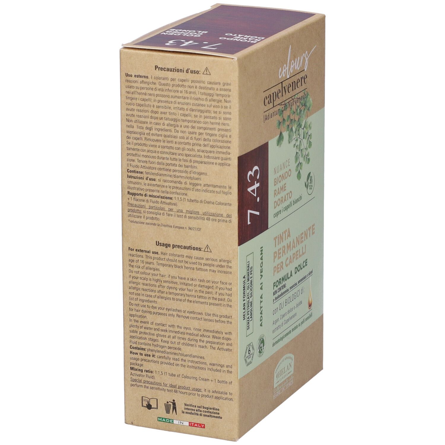 Scatola tinta per capelli Capelvenere Colours 7.43 Biondo Rame Dorato. Contiene oli vegetali. Dermatologicamente testato.