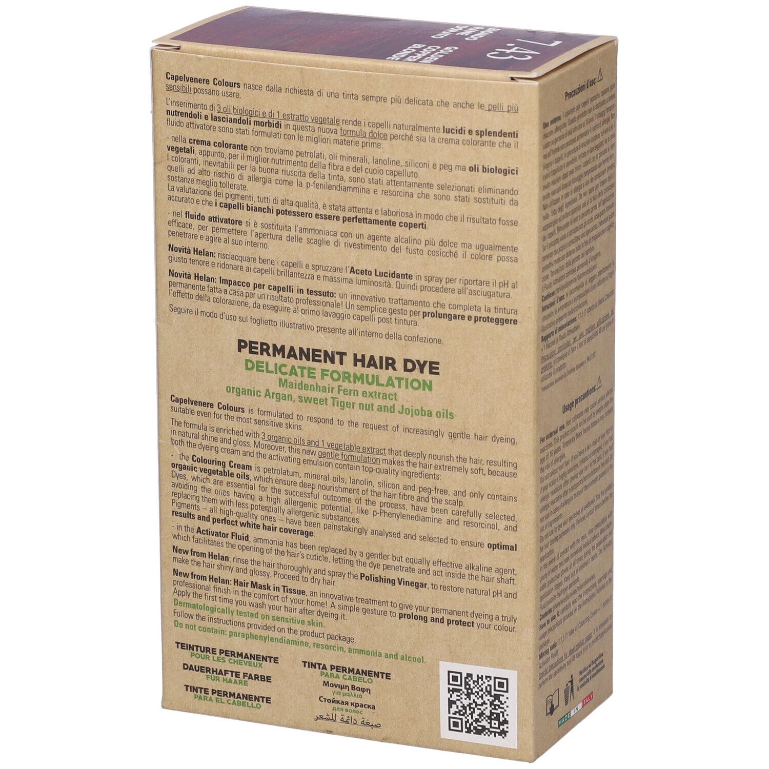 Retro della scatola tinta per capelli. Testo: Permanent Hair Dye, Delicate Formulation. Con oli di argan, mandorle dolci e jojoba.
