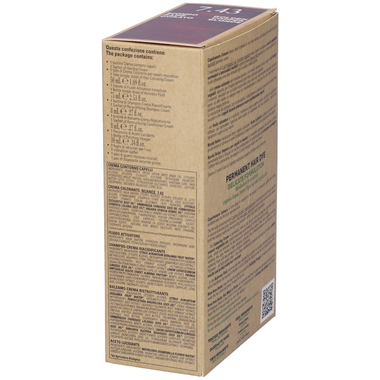 Lato della scatola tinta per capelli. Testo: Creme Contorno Capelli, Creme Colorante, Fluido Attivatore, Shampoo-Creme, Balsamo Ristrutturante.