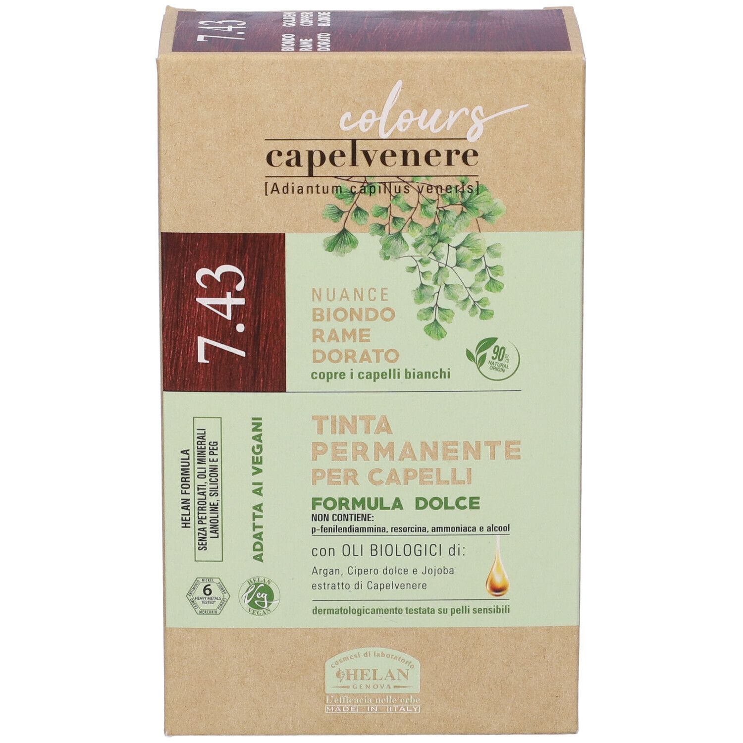 Scatola tinta per capelli Capelvenere Colours 7.43 Biondo Rame Dorato. Contiene oli vegetali. Dermatologicamente testato.