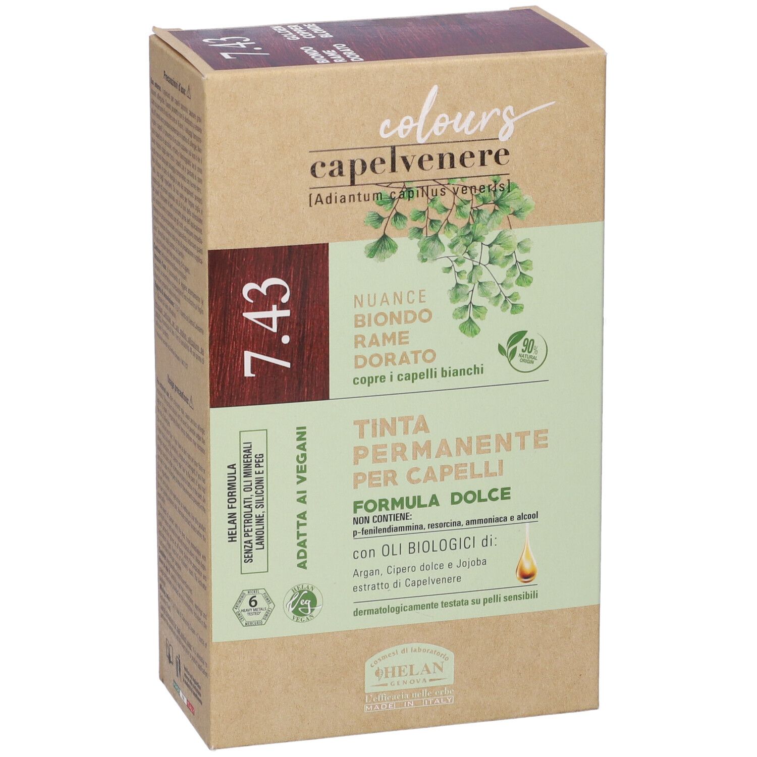 Scatola tinta per capelli Capelvenere Colours 7.43 Biondo Rame Dorato. Contiene oli vegetali. Dermatologicamente testato.