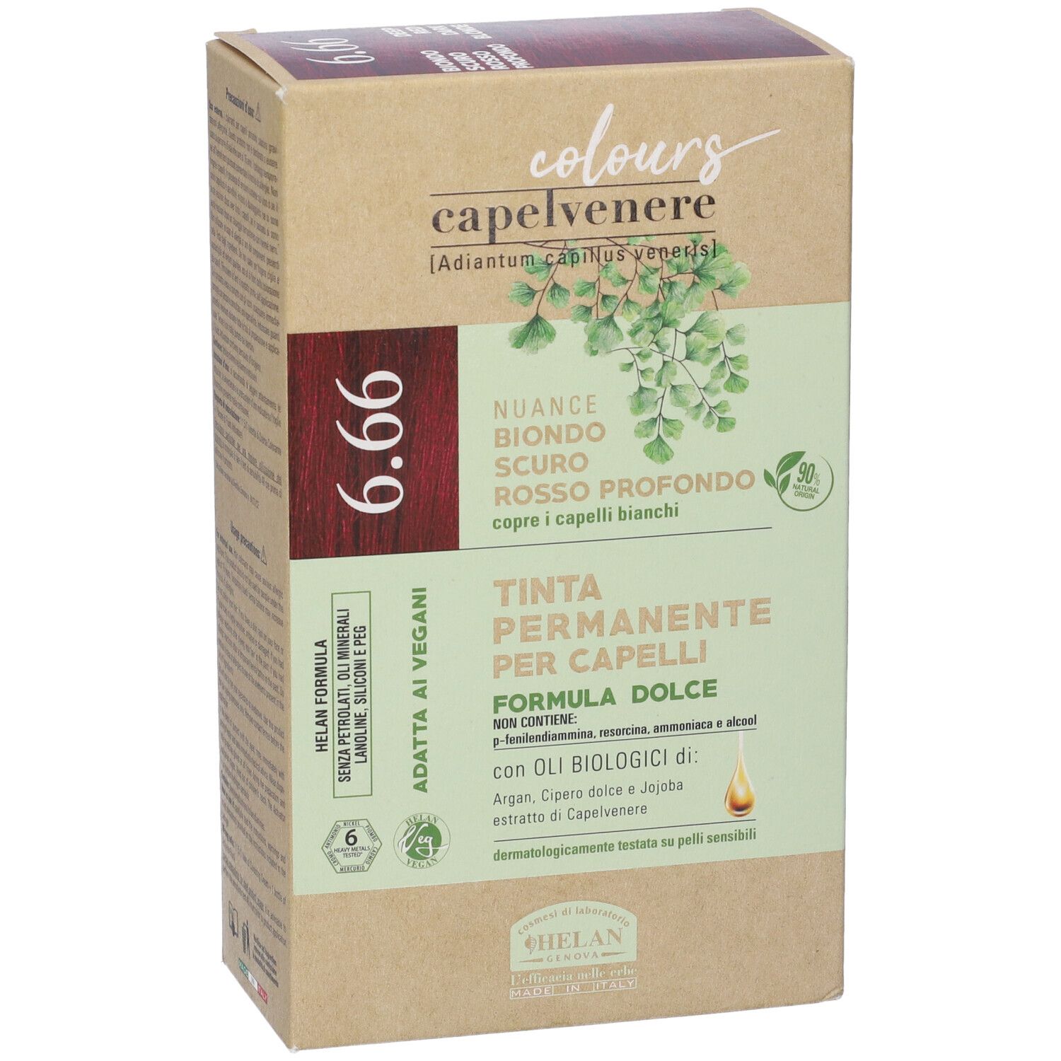 Confezione tinta per capelli Capelvenere Colours, nuance 6.66, Biondo Scuro Rosso Profondo. Contiene oli vegetali. Vegano.
