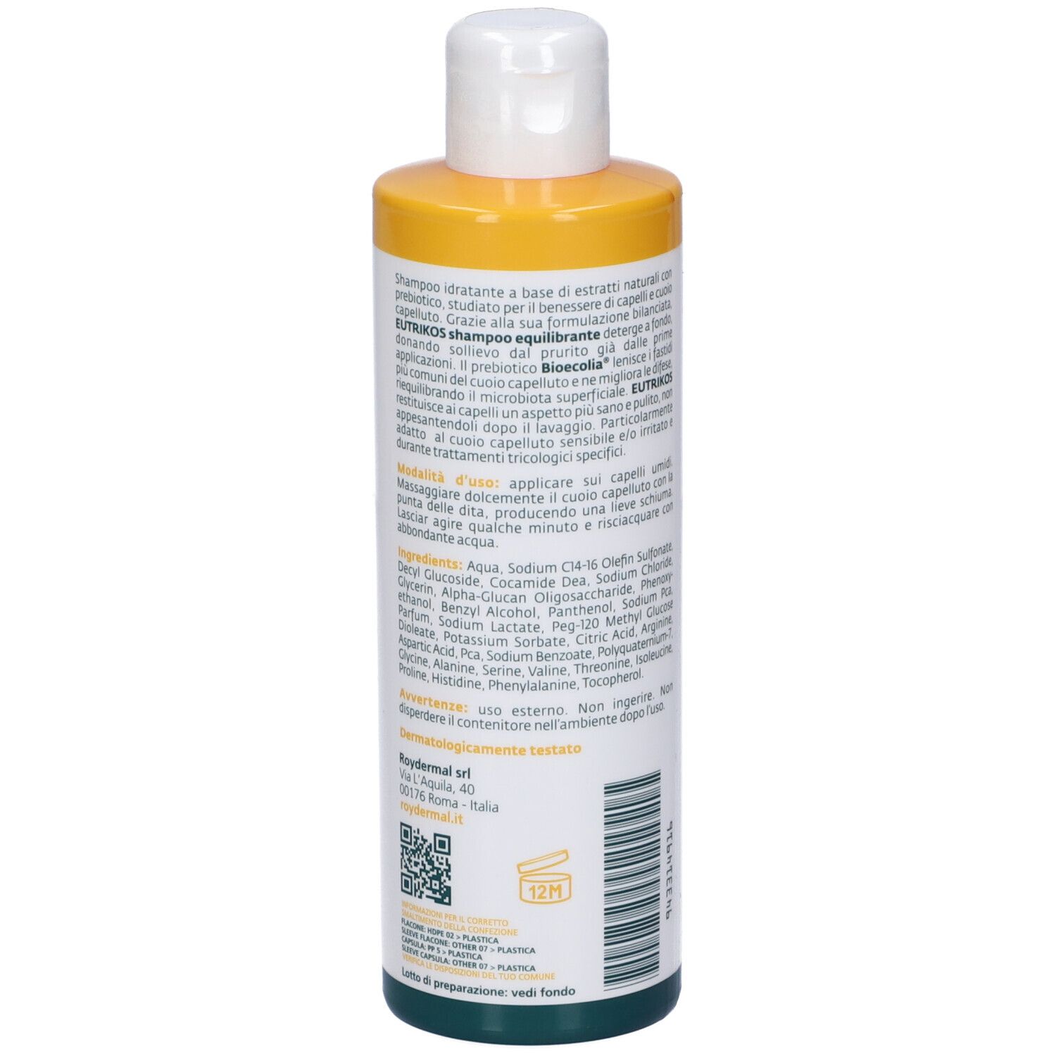 Retro del flacone di shampoo. Testo con ingredienti, istruzioni per l'uso e indirizzo del produttore. Simbolo 12M.