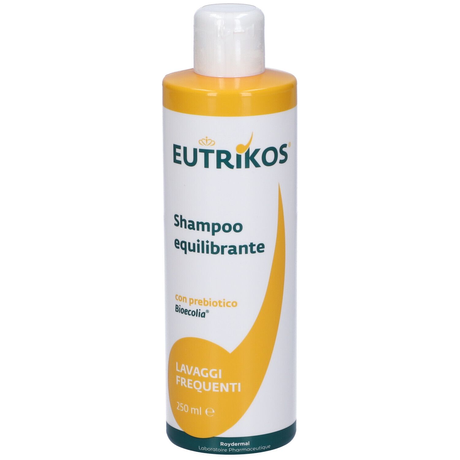 Flacone di shampoo. Tappo bianco, colletto giallo. Scritta: Eutrikos, Shampoo equilibrante, con prebiotico Bioecolia, Lavaggi frequenti.
