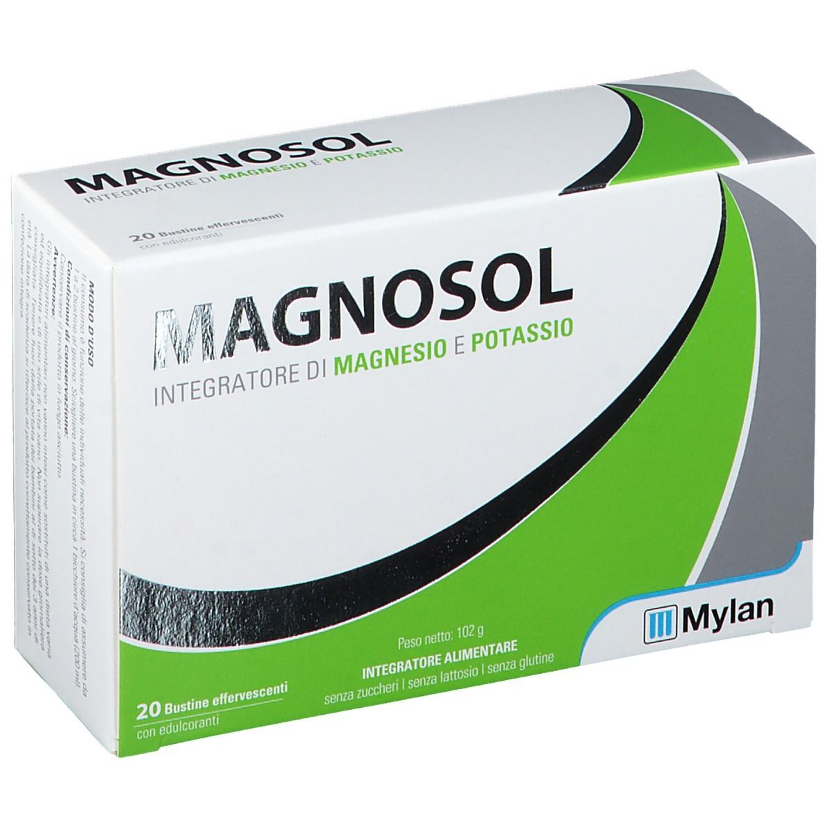 Prodotto MAGNOSOL confezionato con shopper. Scritta: MAGNOSOL, Edizione limitata, 1 shopper in omaggio, logo Mylan.