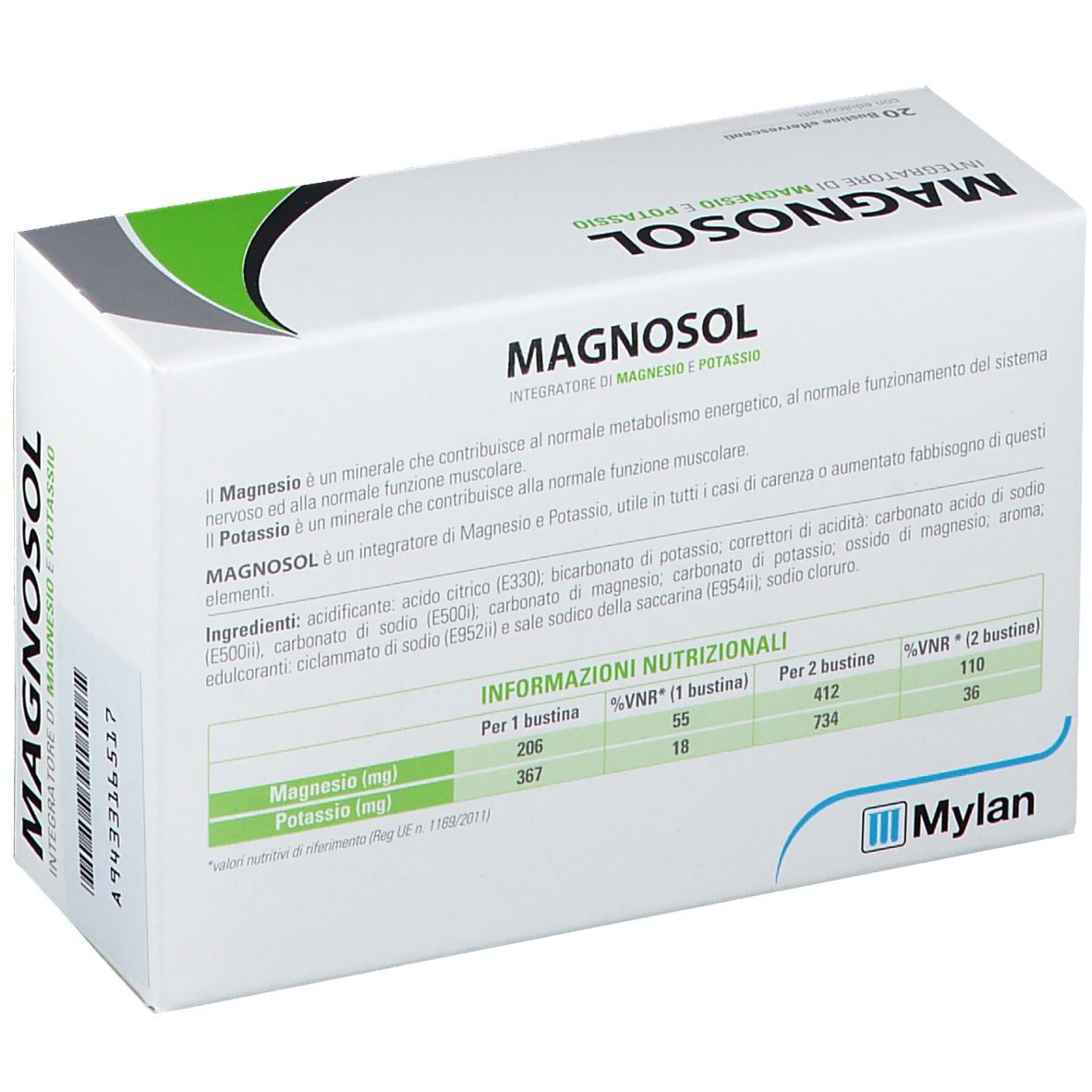 Scatola MAGNOSOL. Scritta: MAGNOSOL, 20 bustine effervescenti, logo Mylan. Informazioni su ingredienti e valori nutrizionali.