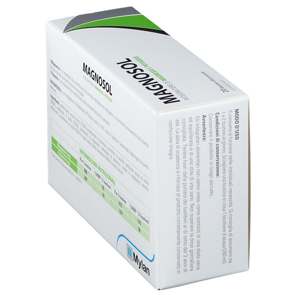 Scatola MAGNOSOL. Scritta: MAGNOSOL, 20 bustine effervescenti, logo Mylan. Informazioni su ingredienti e uso.
