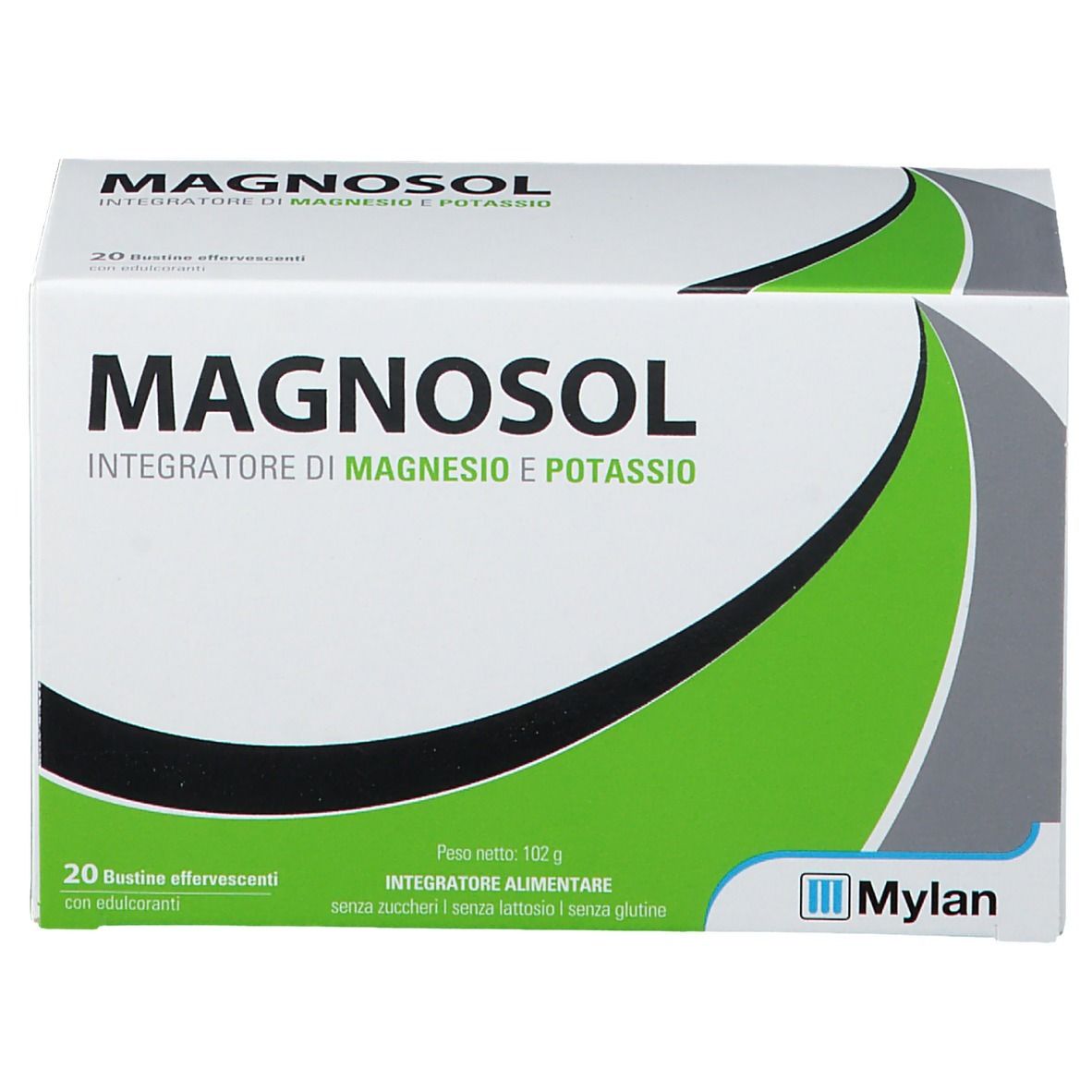 Scatola MAGNOSOL. Scritta: MAGNOSOL, 20 bustine effervescenti, logo Mylan. Peso netto 102g, senza zuccheri, lattosio e glutine.