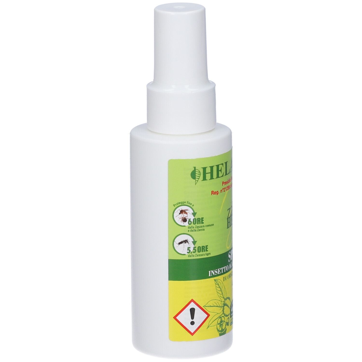 Flacone spray bianco con etichetta verde. Testo: HELAN, SPRAY, insetto acaro repellente. Simbolo di avvertimento. Durata protezione.