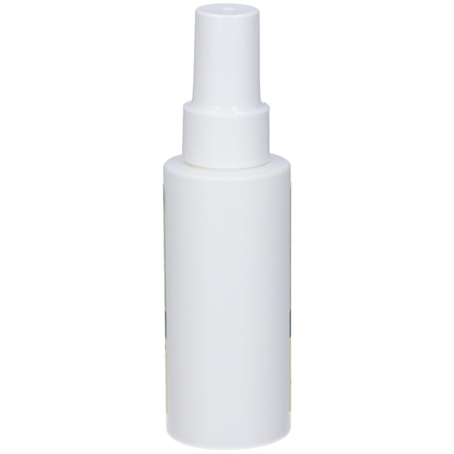 Flacone spray bianco con erogatore. Nessuna etichetta visibile. Forma cilindrica liscia.