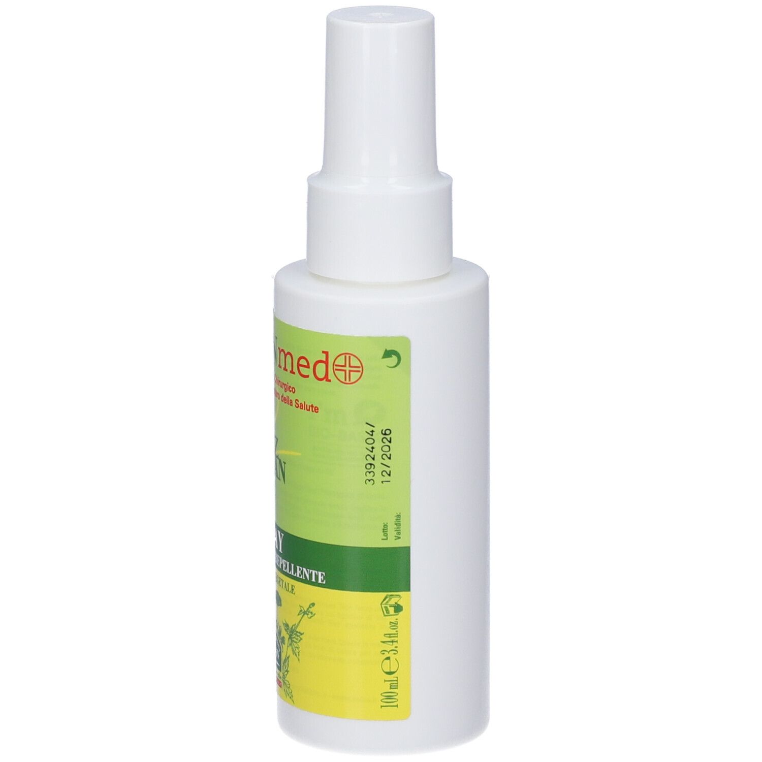 Flacone spray bianco con etichetta verde. Testo: HELAN, SPRAY, insetto acaro repellente. Data di scadenza.
