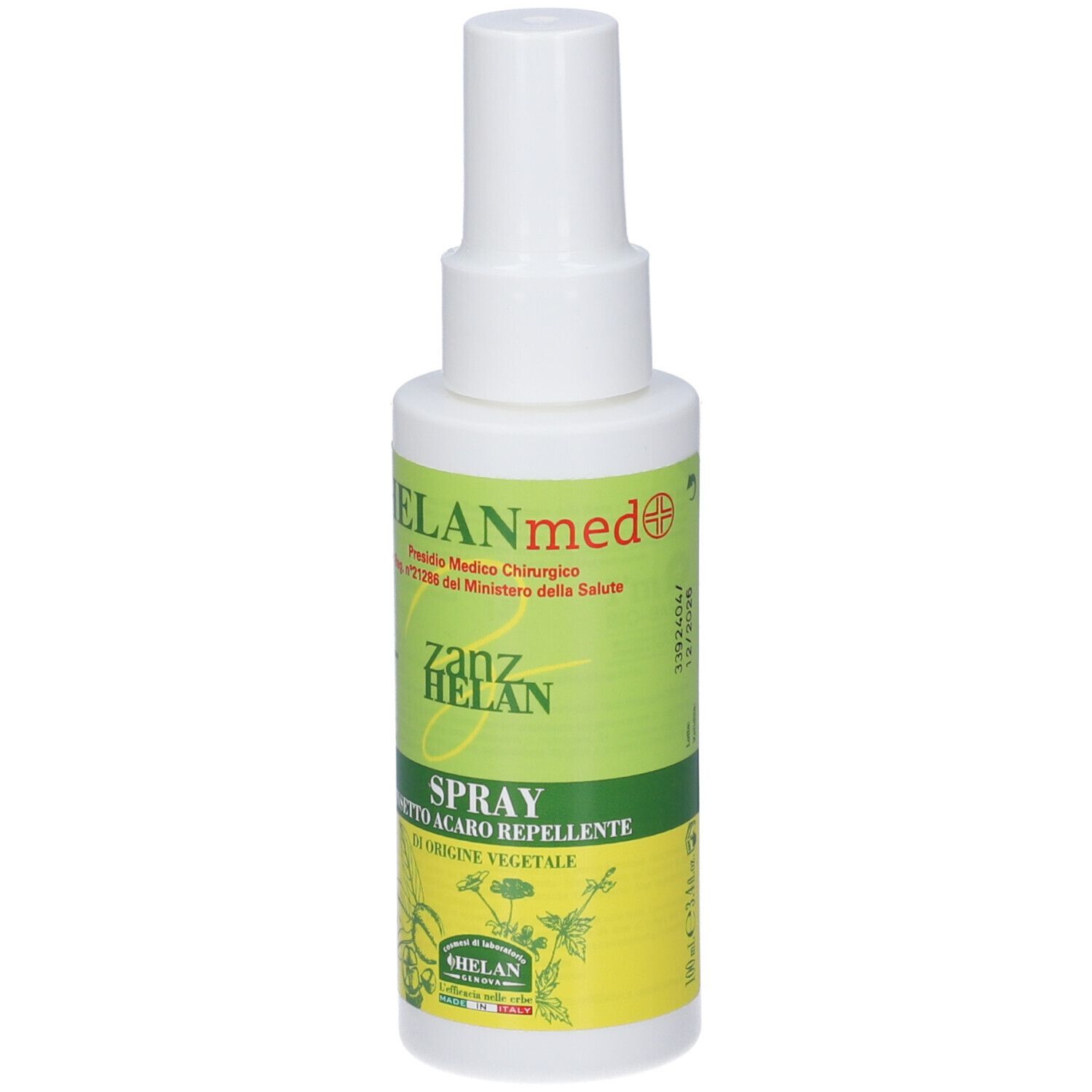 Flacone spray bianco con etichetta verde. Testo: HELANmed, zanz HELAN, SPRAY insetto acaro repellente.