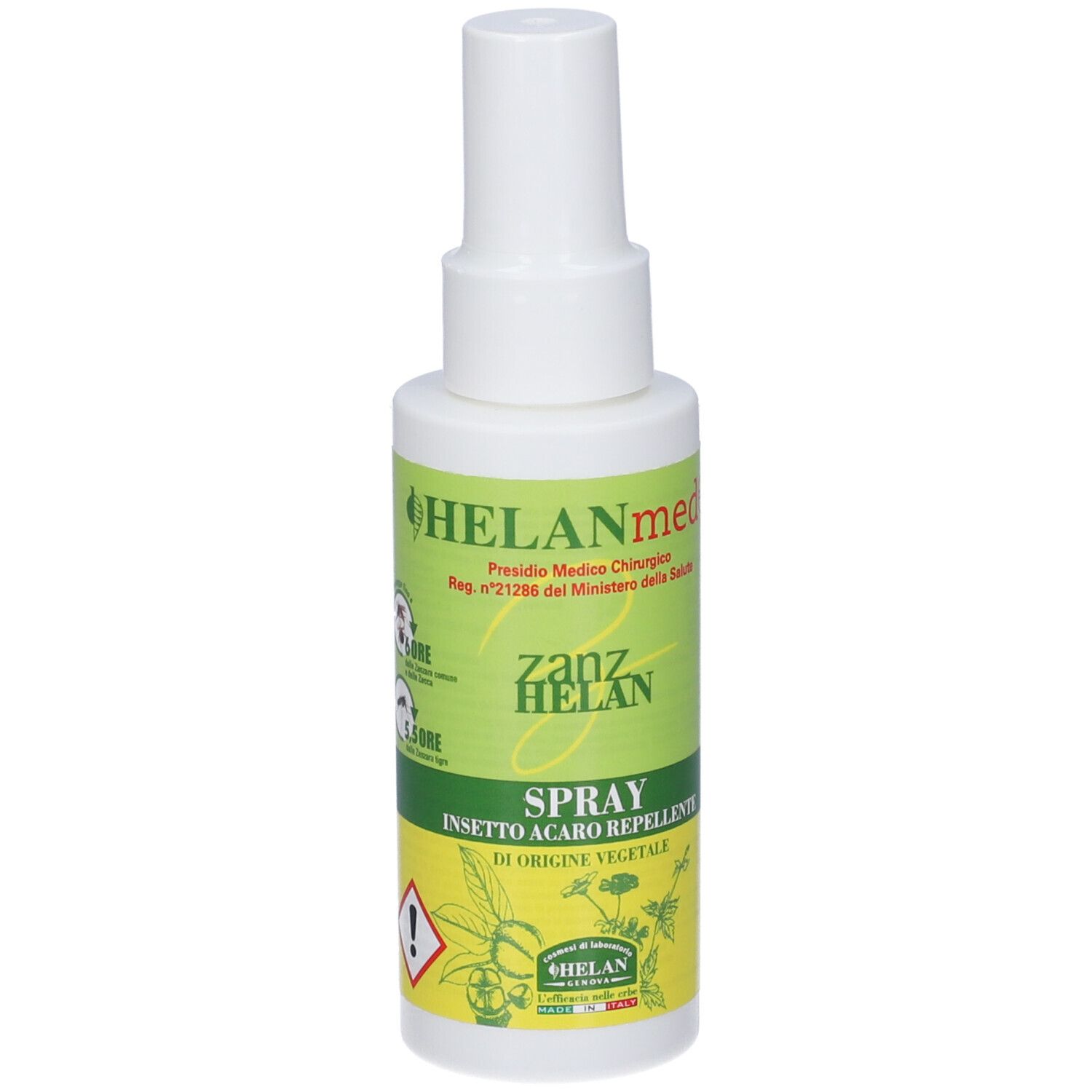 Flacone spray bianco con etichetta verde. Testo: HELANmed, zanz HELAN, SPRAY insetto acaro repellente. Certificazione.