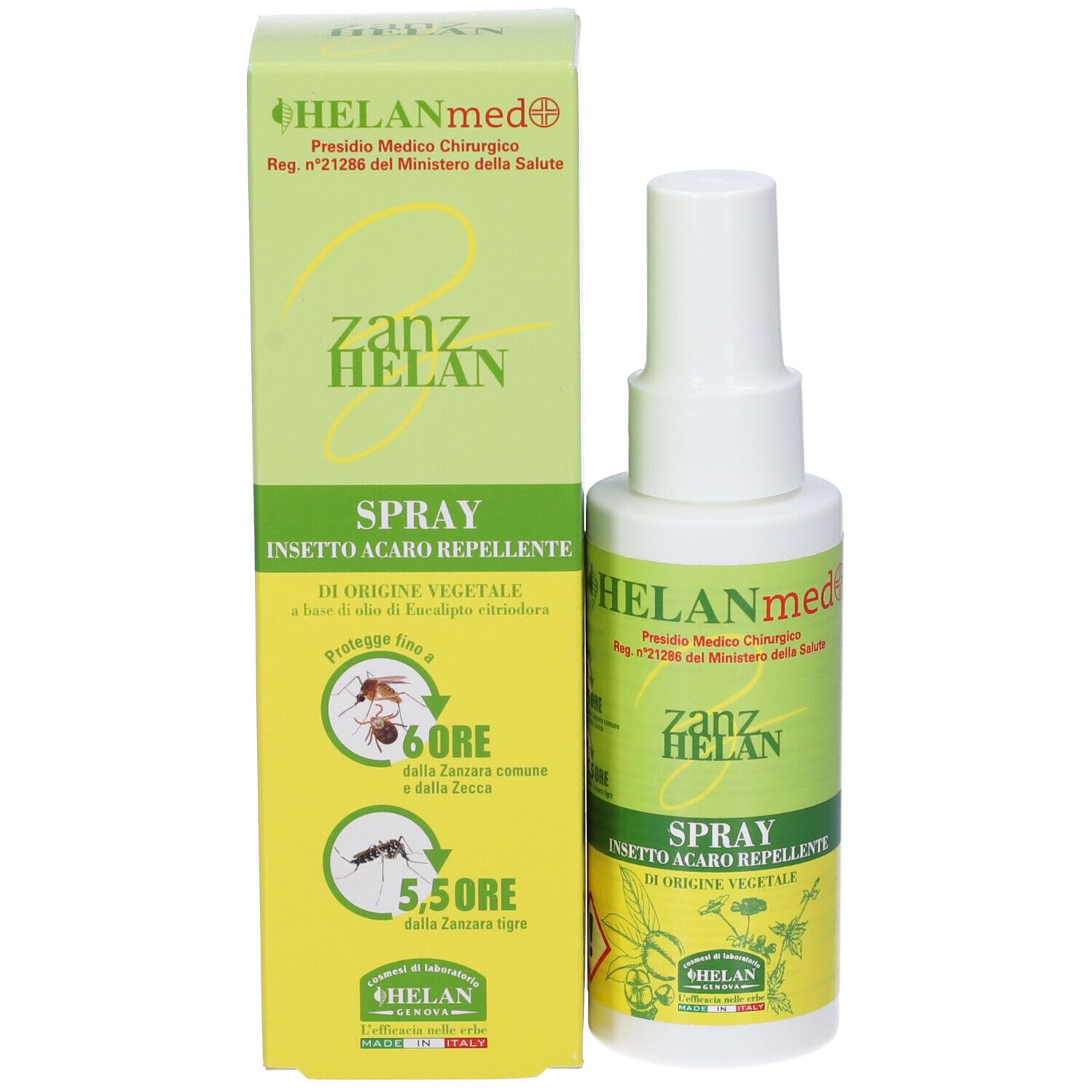 Flacone e confezione del prodotto. Testo: HELANmed, zanz HELAN, SPRAY insetto acaro repellente. Durata protezione.