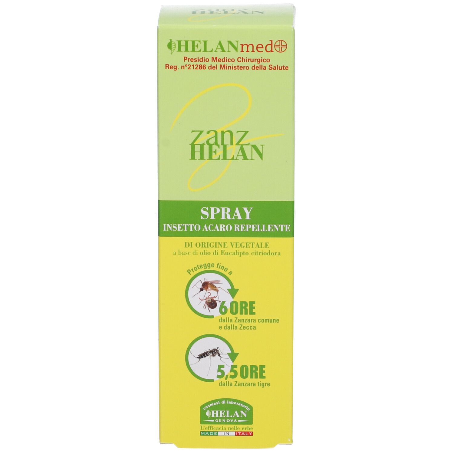 Confezione del prodotto. Testo: HELANmed, zanz HELAN, SPRAY insetto acaro repellente. Durata protezione.