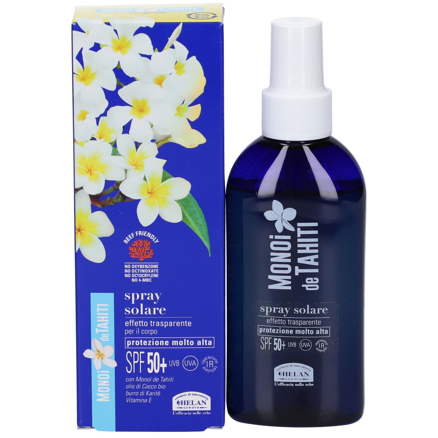 Confezione del prodotto con flacone. Scatola blu con fiori e informazioni. MONOI de TAHITI, SPF50+.
