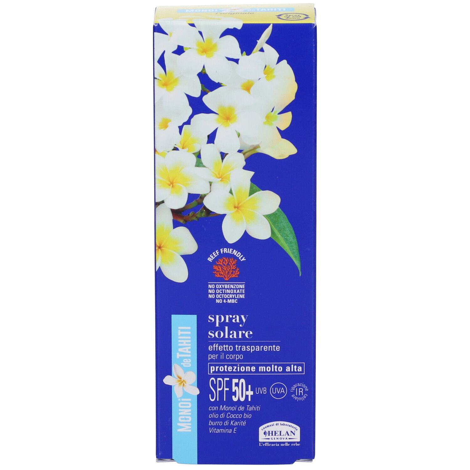 Scatola blu con fiori e informazioni. MONOI de TAHITI, Spray Solare, SPF50+. BEEF FRIENDLY.