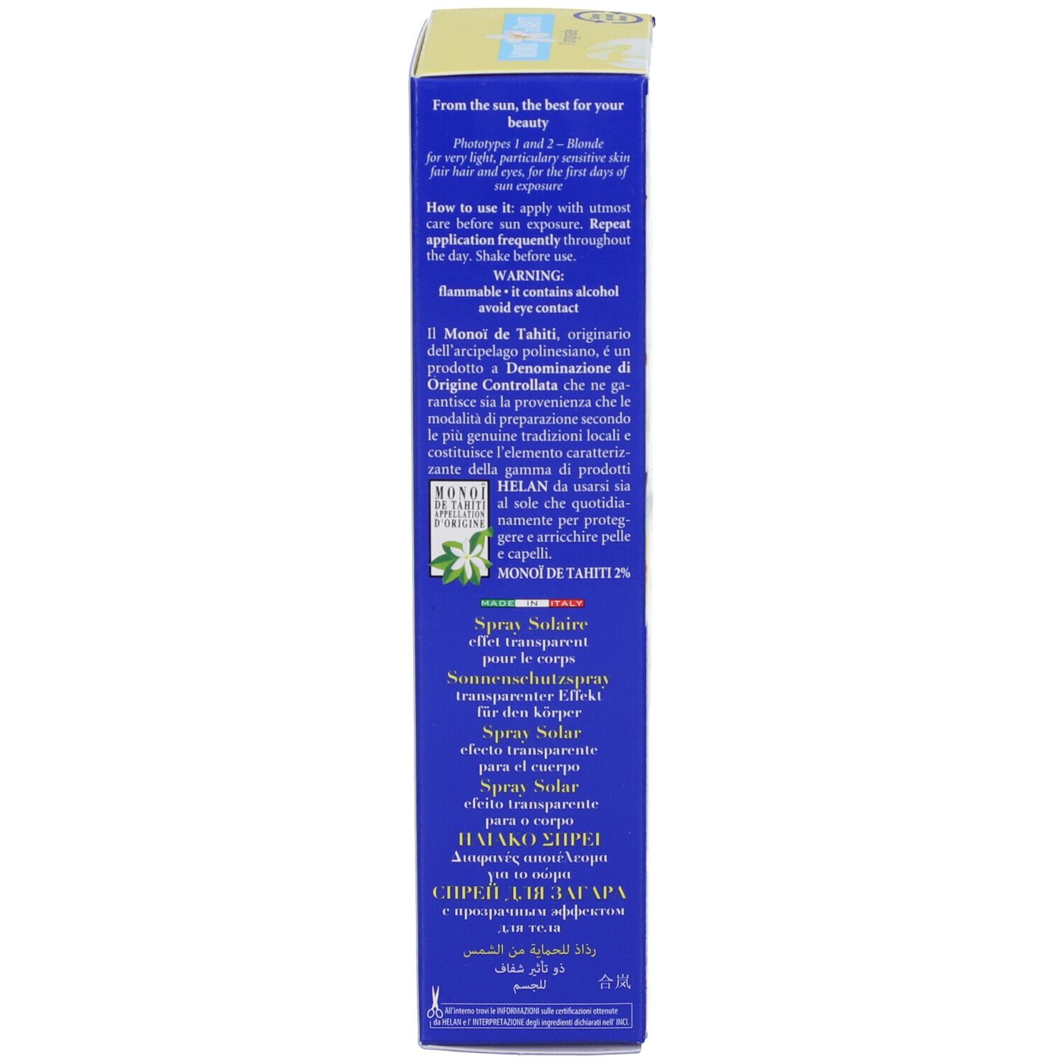 Scatola blu con informazioni sul prodotto. Testo in più lingue. MONOI de TAHITI, Spray Solare.