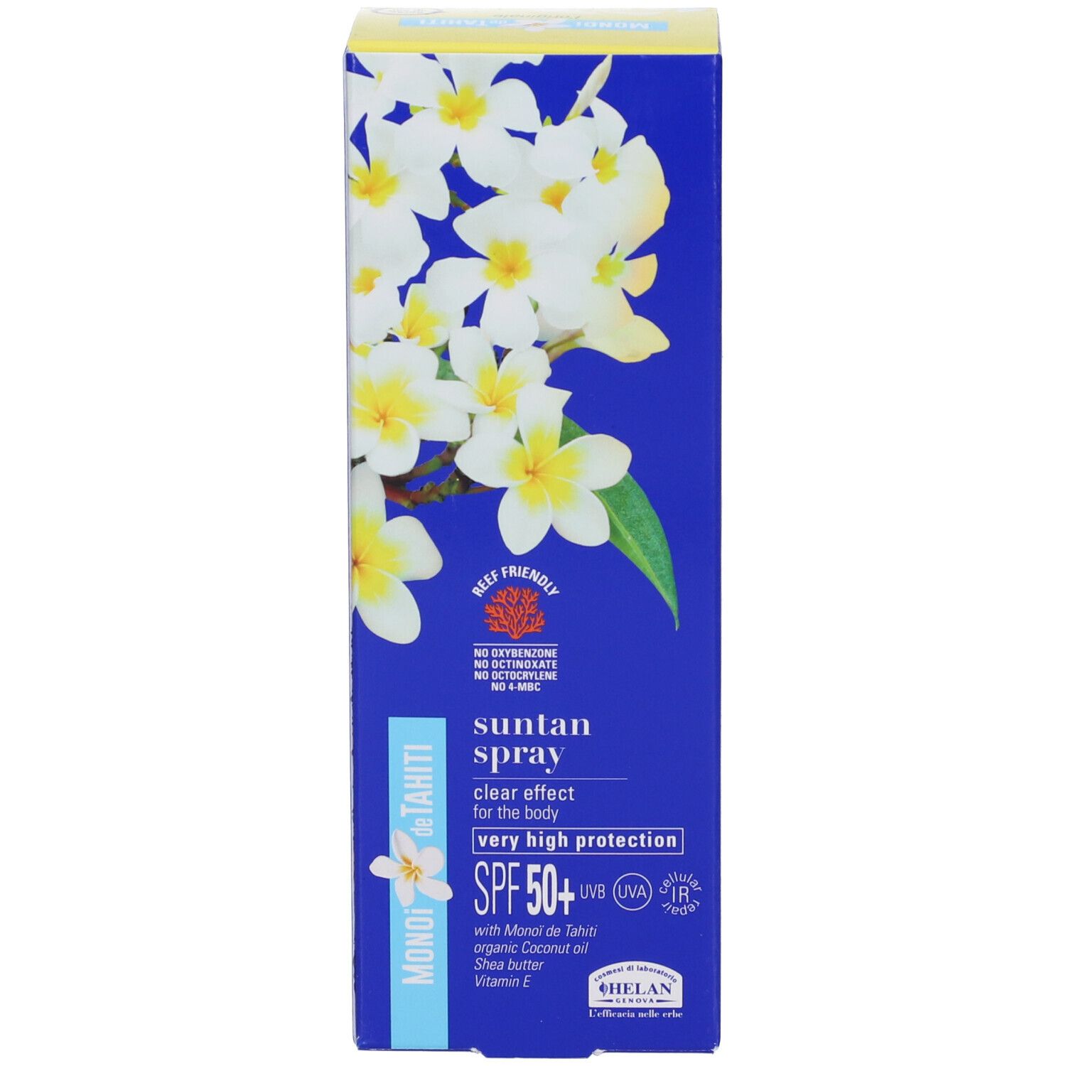 Scatola blu con informazioni sul prodotto. MONOI de TAHITI, Suntan Spray, SPF50+. BEEF FRIENDLY.