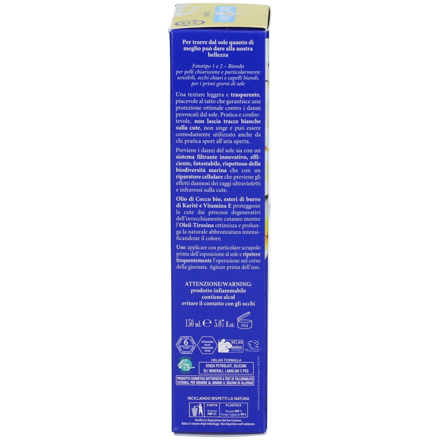 Scatola blu con informazioni sul prodotto. Testo in italiano. MONOI de TAHITI, 150 ml.