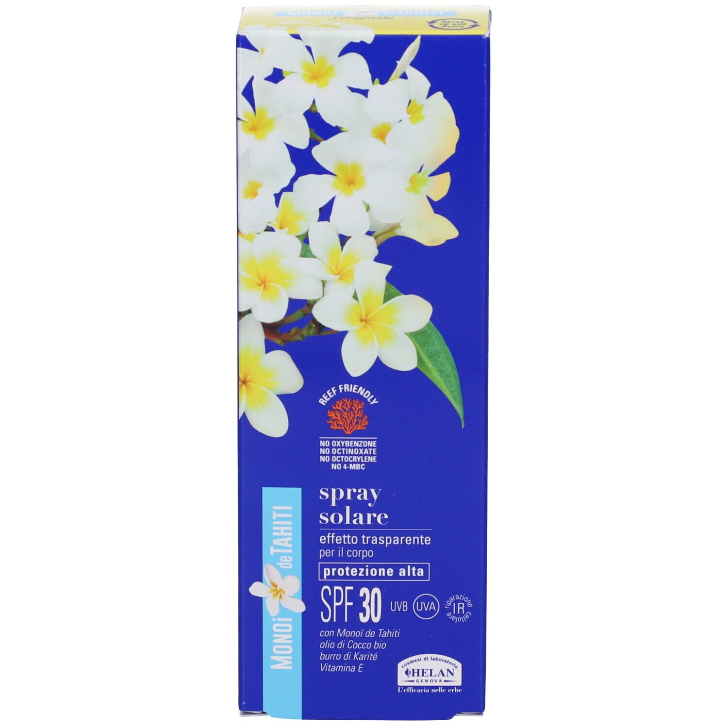 Scatola blu con fiori e informazioni sul prodotto. Scritta: MONOI de TAHITI, spray solare, effetto trasparente, SPF30.