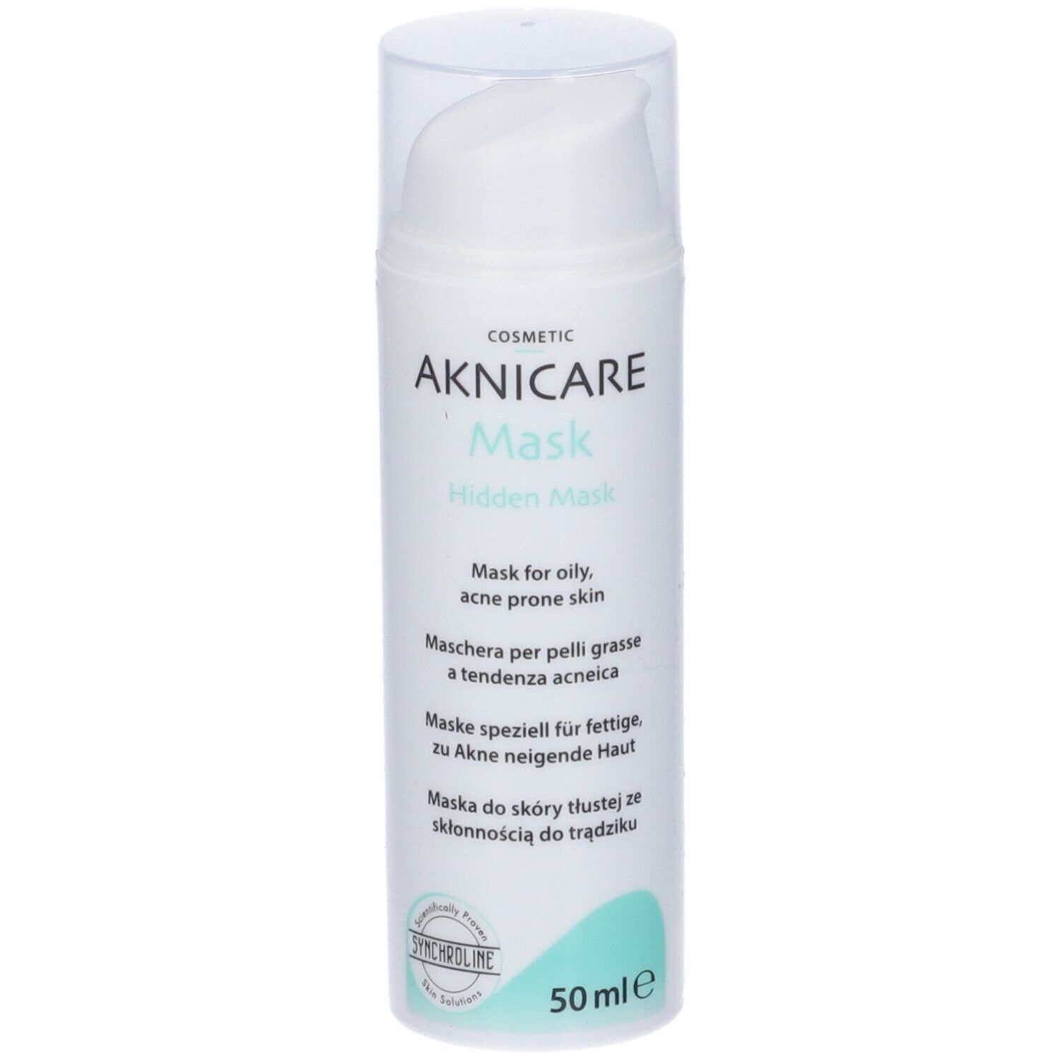 Aknicare Mask Hidden Mask, flacone bianco con coperchio trasparente. Testo: Maschera per pelli grasse a tendenza acneica. 50 ml.