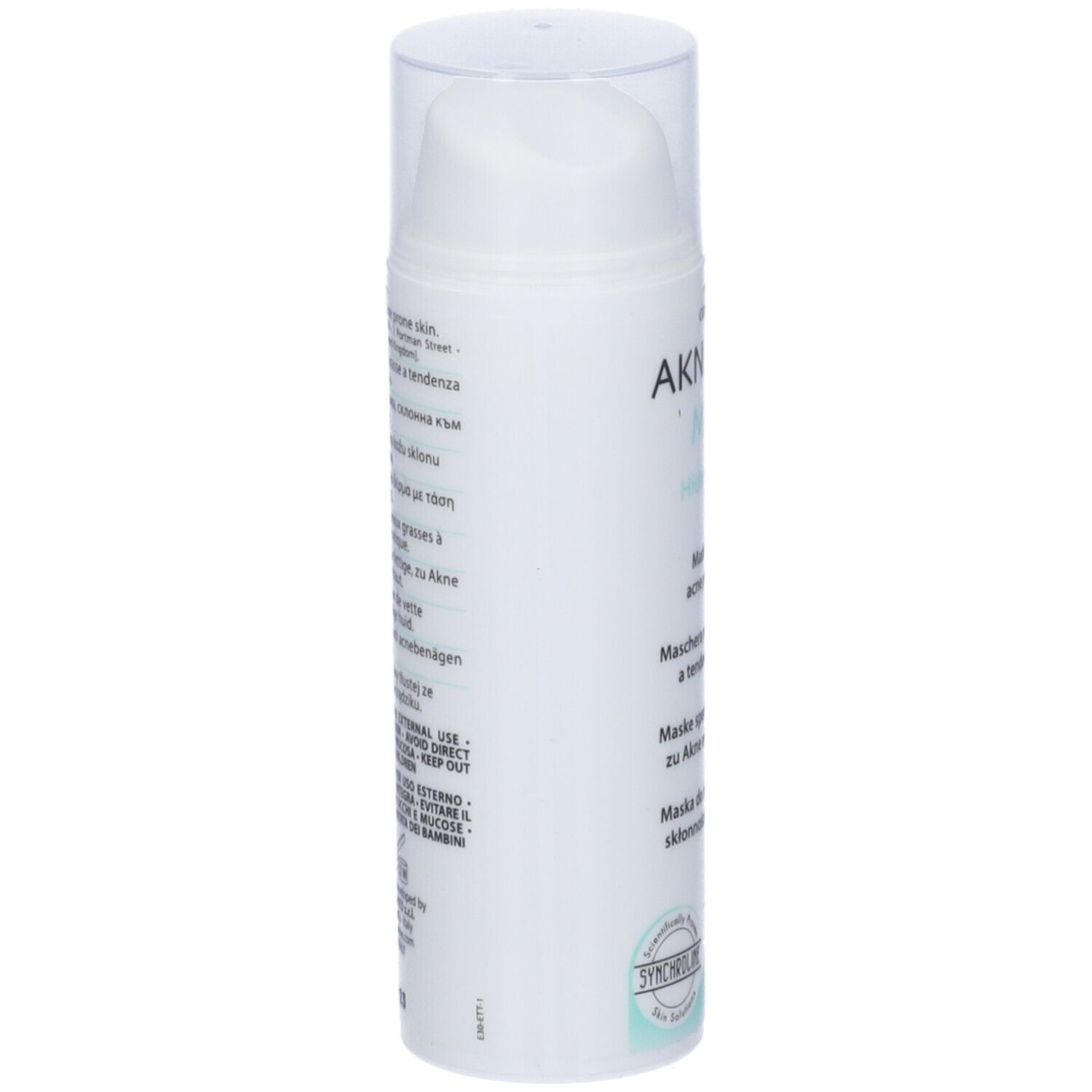 Aknicare Mask Hidden Mask, flacone bianco. Testo sul lato. Maschera per pelli grasse a tendenza acneica. 50 ml.