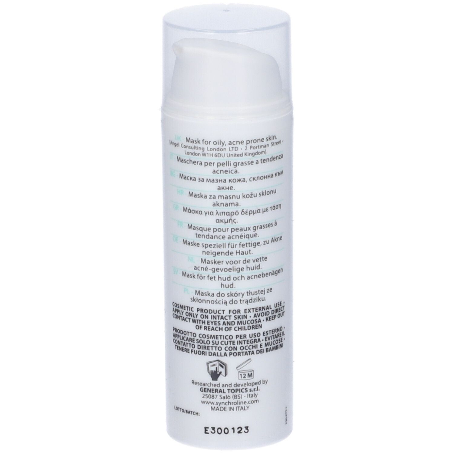 Aknicare Mask Hidden Mask, flacone bianco. Testo sul lato. Maschera per pelli grasse a tendenza acneica. 50 ml.