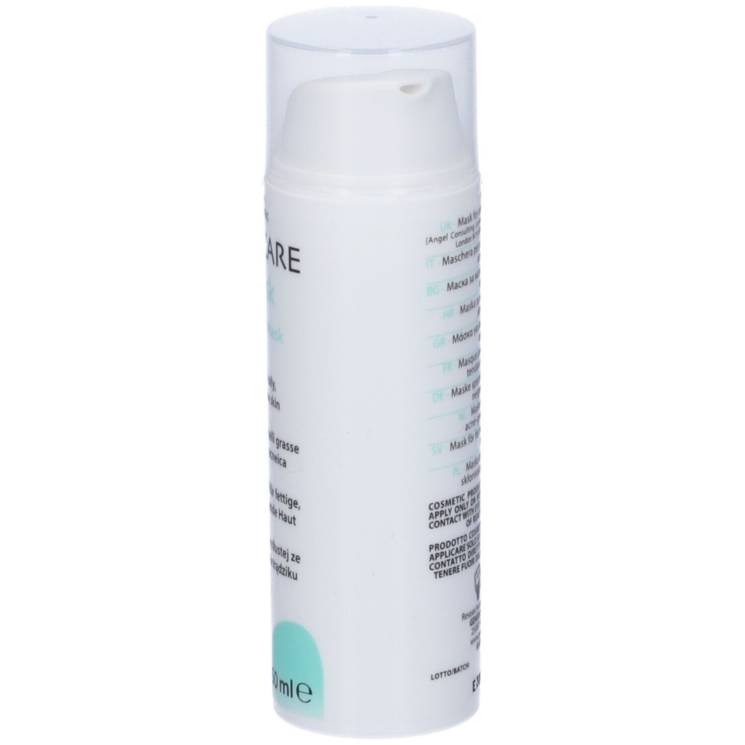 Aknicare Mask Hidden Mask, flacone bianco. Testo sul lato. Maschera per pelli grasse a tendenza acneica. 50 ml.