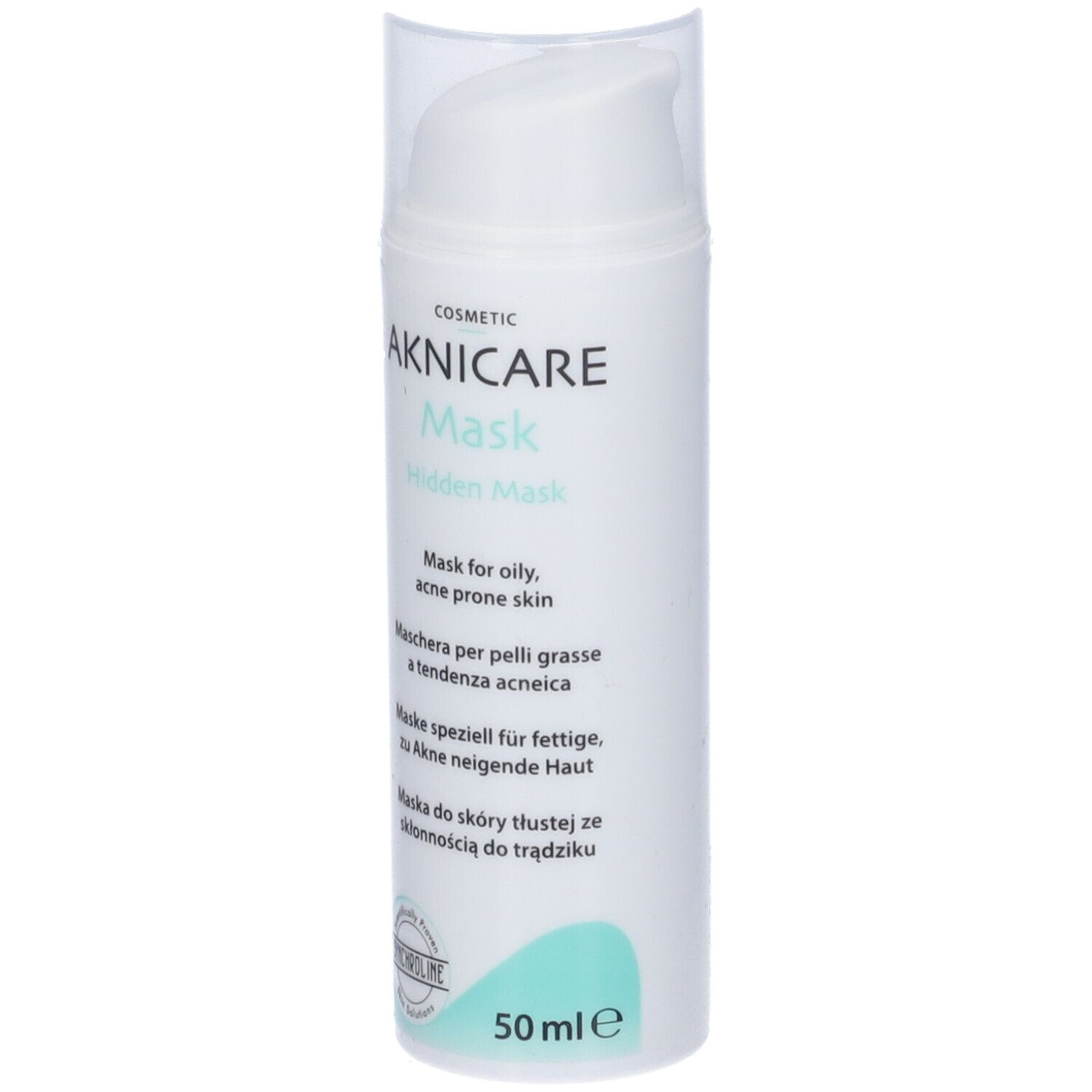 Aknicare Mask Hidden Mask, flacone bianco con coperchio trasparente. Testo: Maschera per pelli grasse a tendenza acneica. 50 ml.